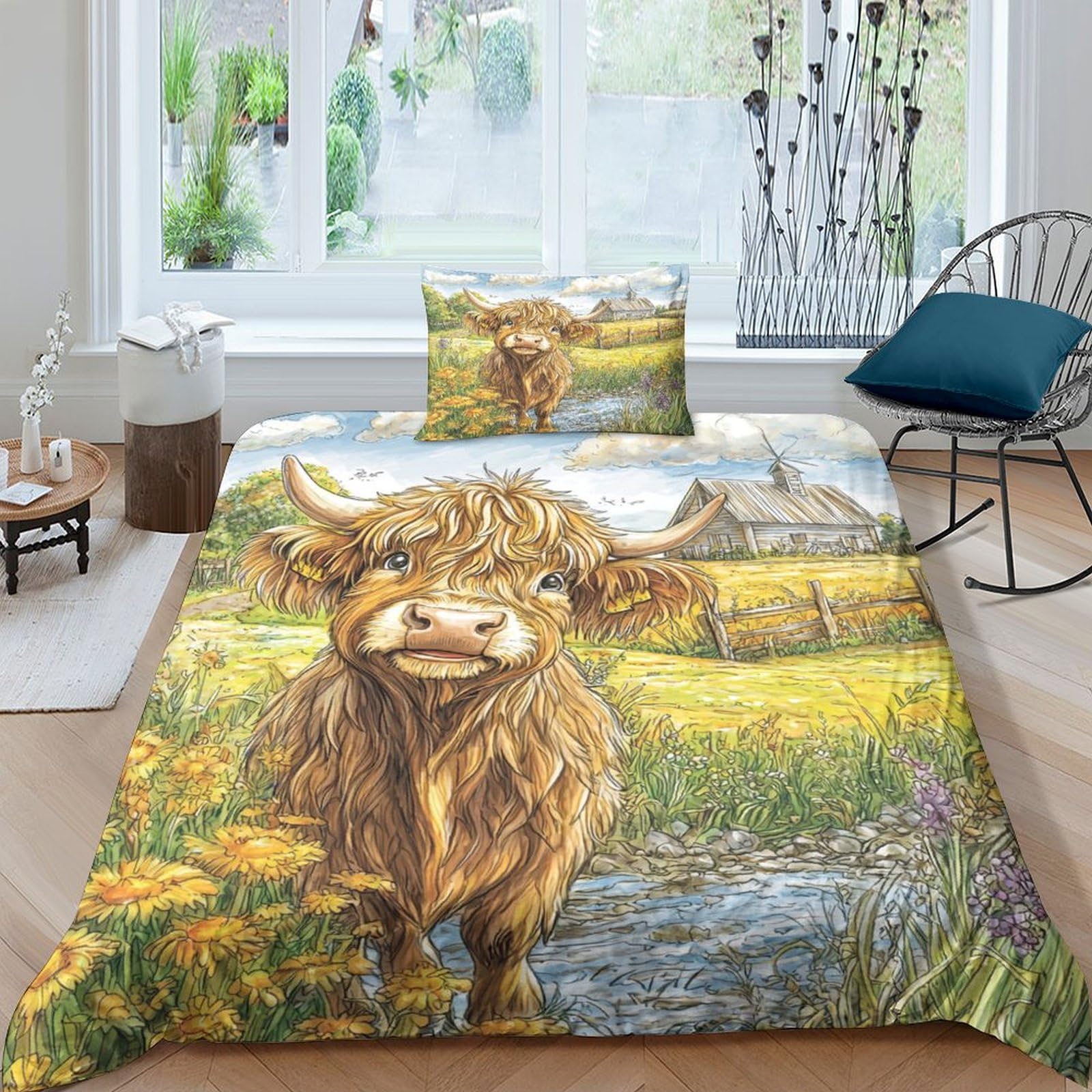 WXLWHR Highland Cattle Duvet Cover Sets Soft Microfiber 3 Piece 3D Printed Bedding Sets Highland Cow Farm Flowers Quilt Covers with Pillowcase for Kids Boys Teens Single（135x200cm）