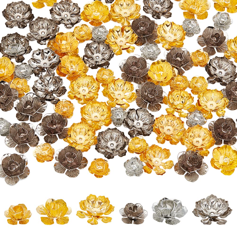 PH PandaHall 96pcs Iron Flower Bead Caps, 3 Styles Lotus 3D Bead Caps for DIY Jewelry Necklace Pendant Bracelet Earring Making, Golden, Platinum