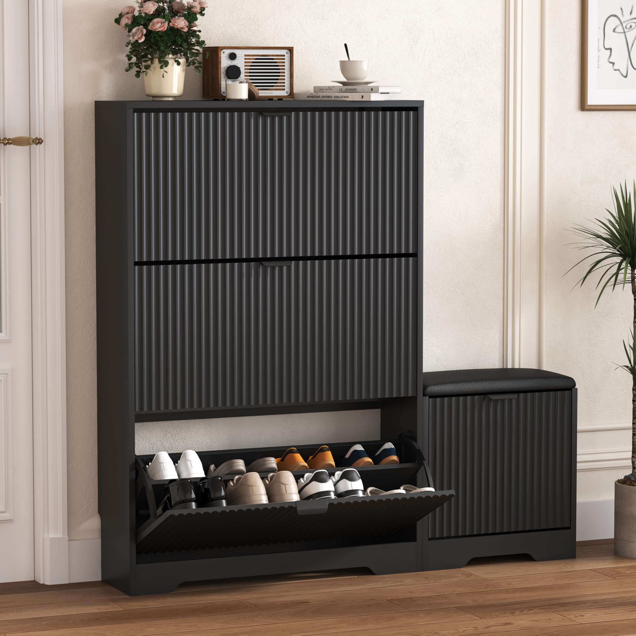 HUANLEGO Shoe Cabinet Storage for Entryway with Flip Drawer &amp; Bench, Black
