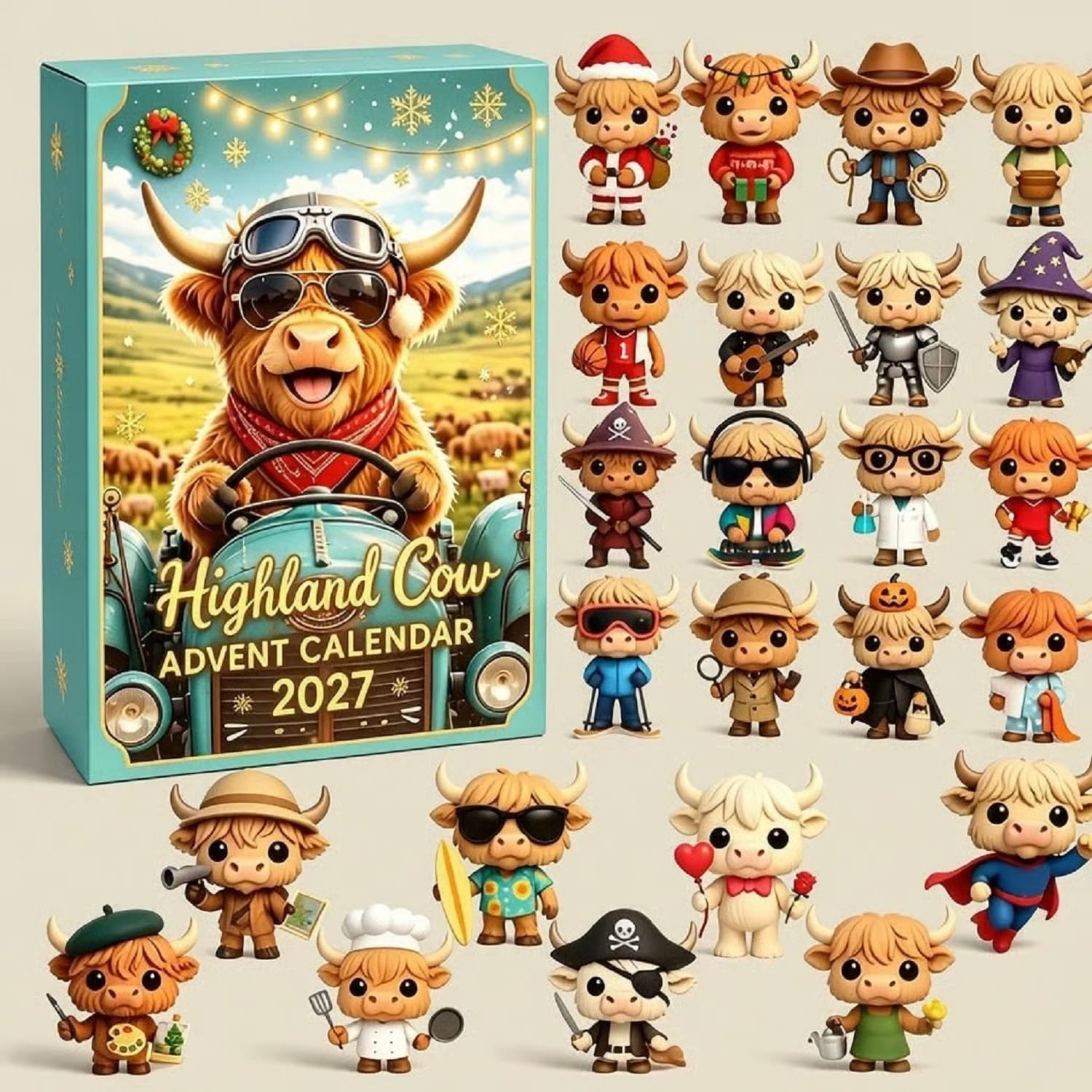 Adventskalender Mit Hochlandrindern 2027 | Niedliche 3D-Minifiguren Von Hochlandrindern Als Adventskalender, Ideal Als Weihnachtsbaumschmuck