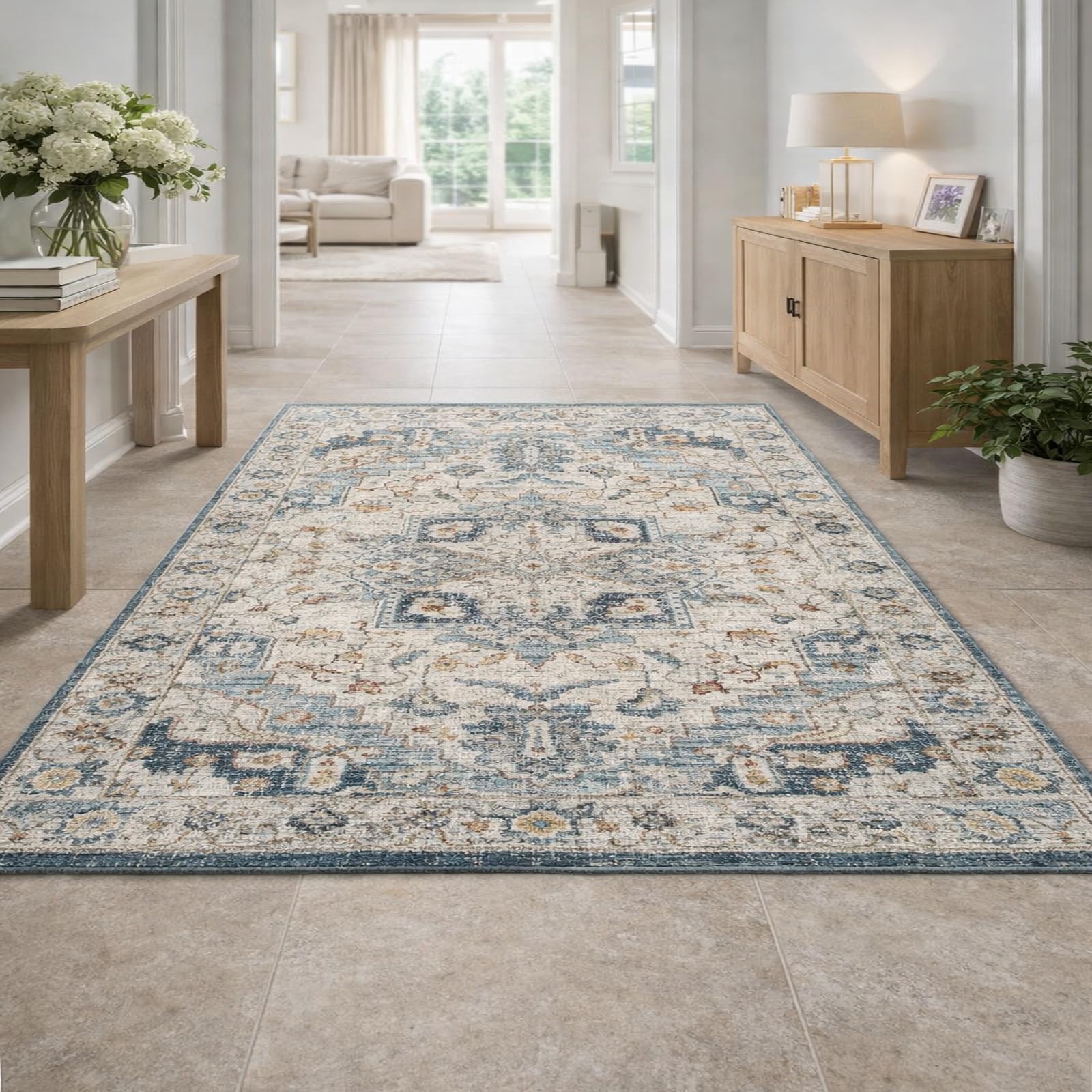 Tapis de décoration motif floral oriental bleu beige marron 120x200