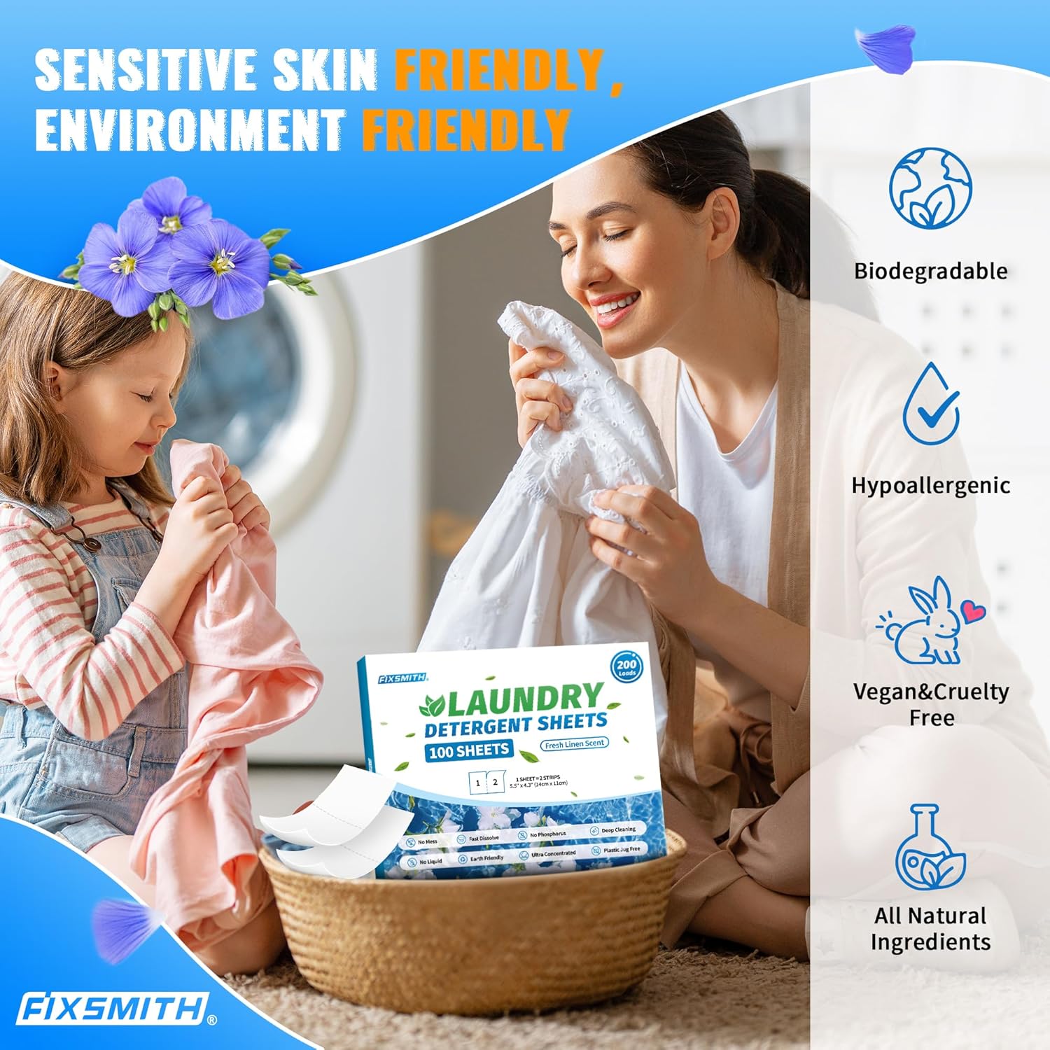 FIXSMITH Microfiber Cleaning Cloth - Pack of 50 & Laundry Detergent Sheets - 200 Loads (100 Sheets) Fresh Linen Scent - Hypoallergenic, Eco Friendly, Ultra-Concentrated Travel Detergent Sheets