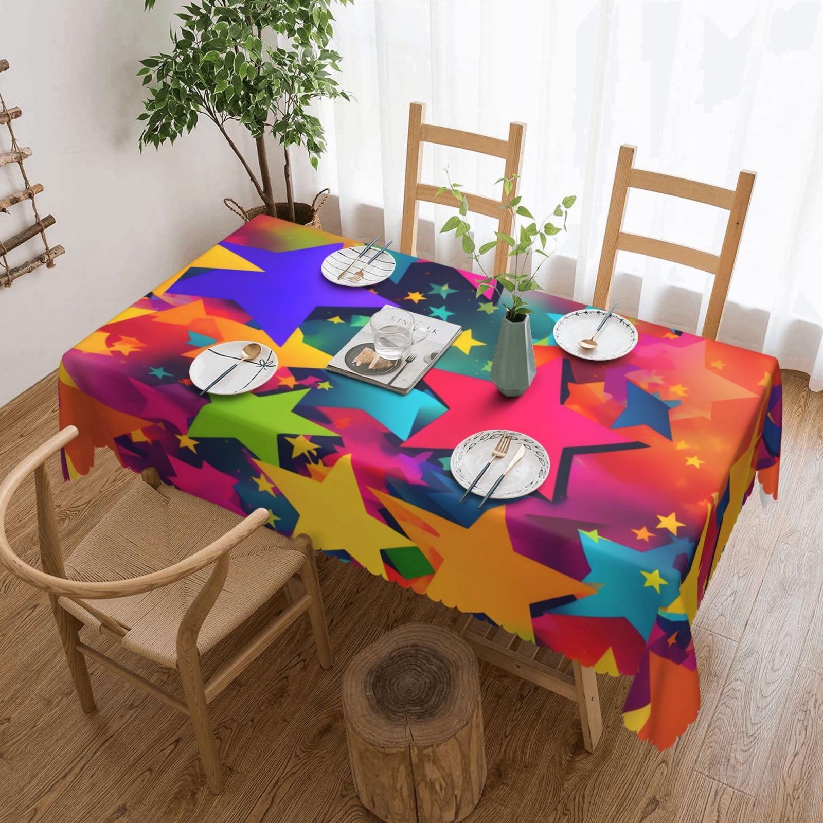 Nappe rectangulaire en tissu imprimé étoiles arc-en-ciel pour événement festif