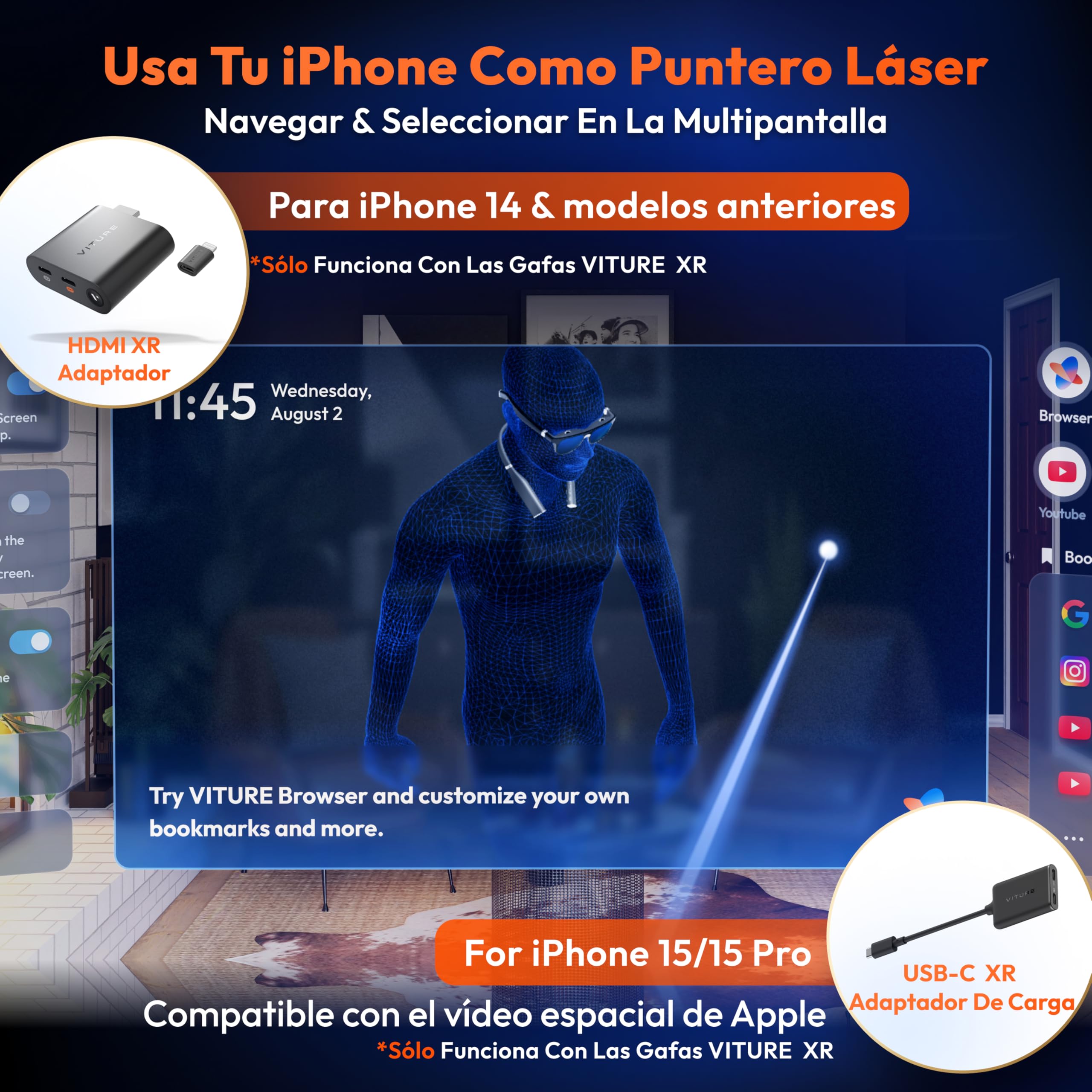 VITURE Adaptador HDMI XR para iPhone 14 y Modelos anteriores, con MultiScreen, 3DoF Mejorado y Videos VR, 2,8 Horas de batería, Carga Mientras juegas, Juego Directo en PS/Xbx/Consolas de Videojuegos