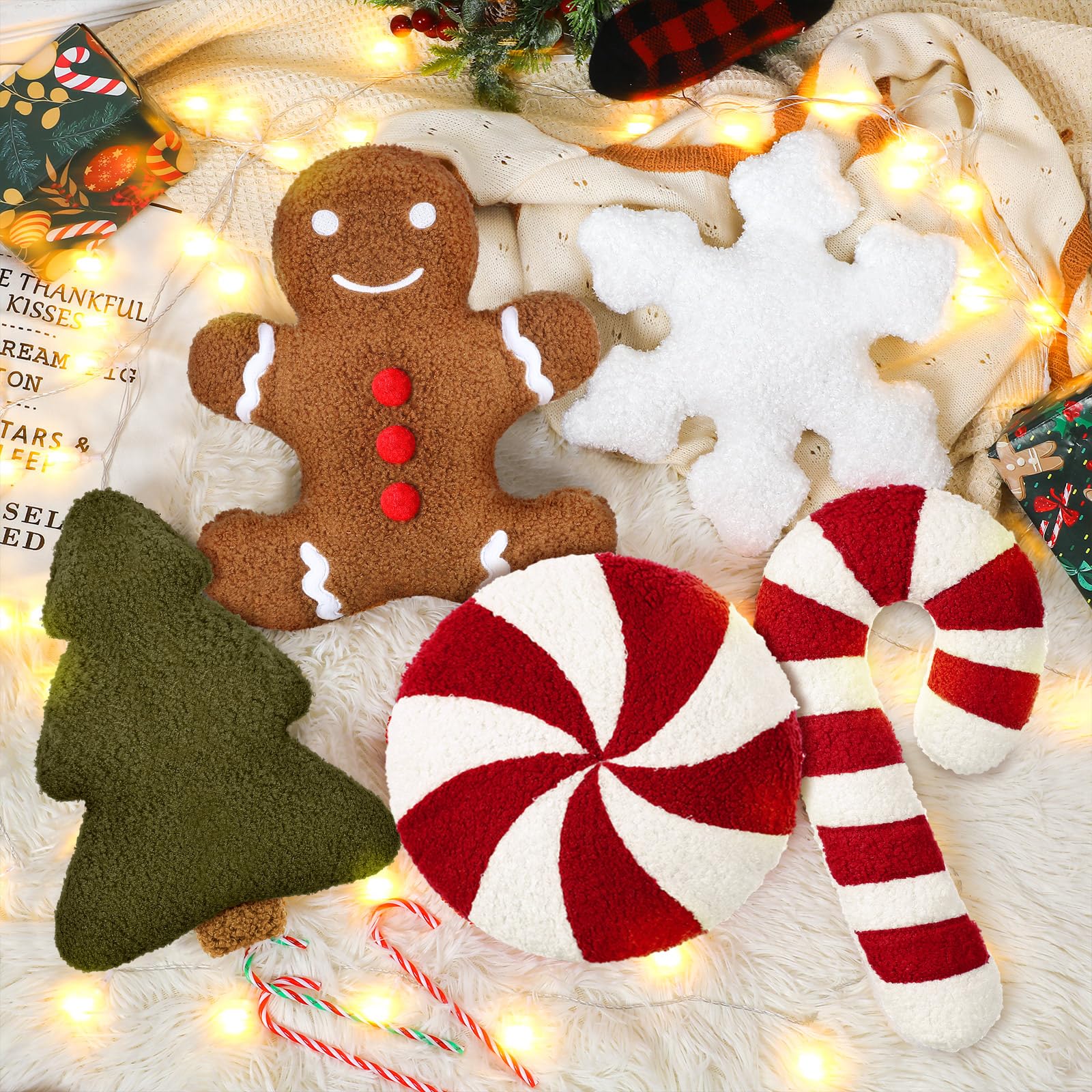 Memorywuu 5 Pcs Christmas Throw Pillows Xmas Tree Gingerbread Man Snowflake Pillows Red White Stripe Candy Cane Peppermint Shape Cushion Stuffed Christmas Decoration for Home Sofa Bed Couch Party