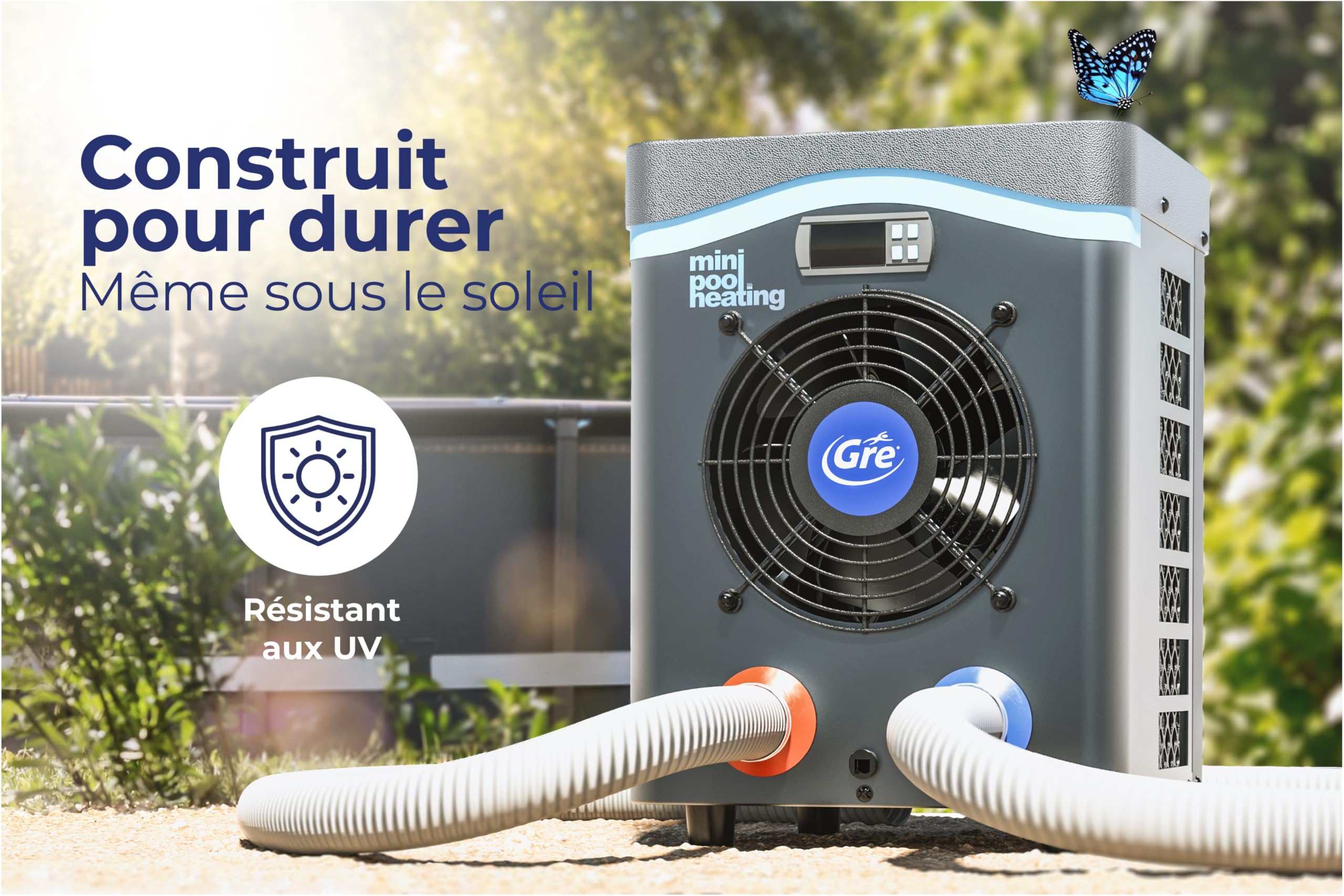 Gre HPM20 - Mini pompe à chaleur pour piscines hors-sol jusqu'à 20 m³, chauffage pour piscines hors-sol. Couleur grise
