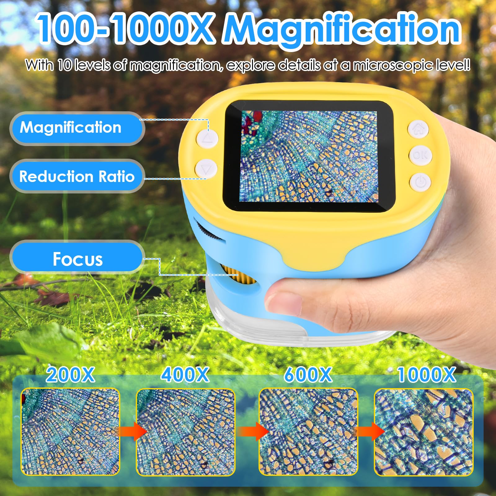 Mikroskop für Kinder, Vankarr 1000X Digitale Taschenmikroskop Tragbares Mini Handy Mikroskope mit 32GB SD-Karte, 2-Zoll-IPS-Bildschirm, Objektträgerproben, Geschenk für Kinder Studenten, Blau