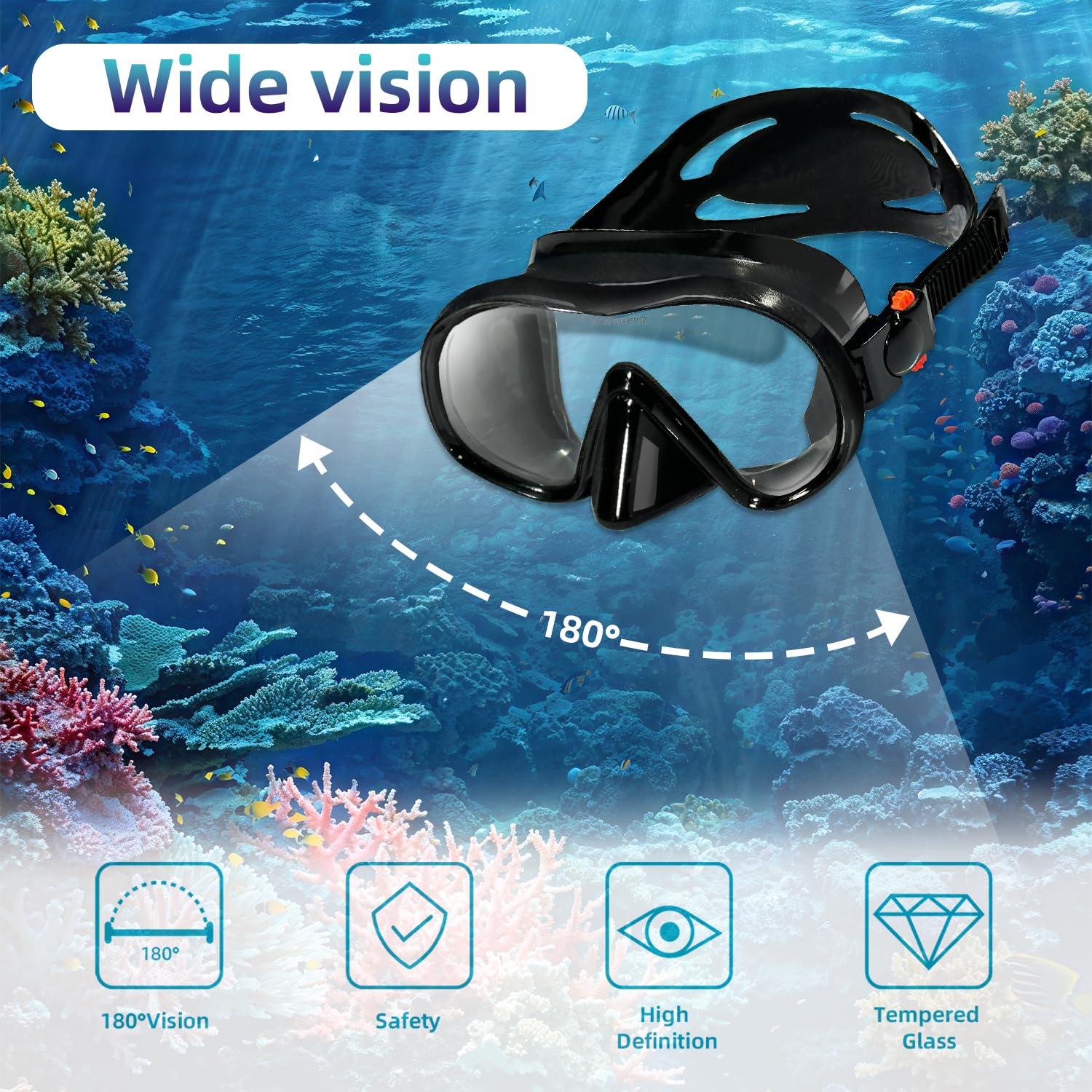 M105 - Máscara de buceo panorámica HD de silicona, antivaho de 180°, gafas de buceo de vidrio templado, gafas de buceo para adultos y jóvenes, gafas de natación para buceo, esnórquel, natación con