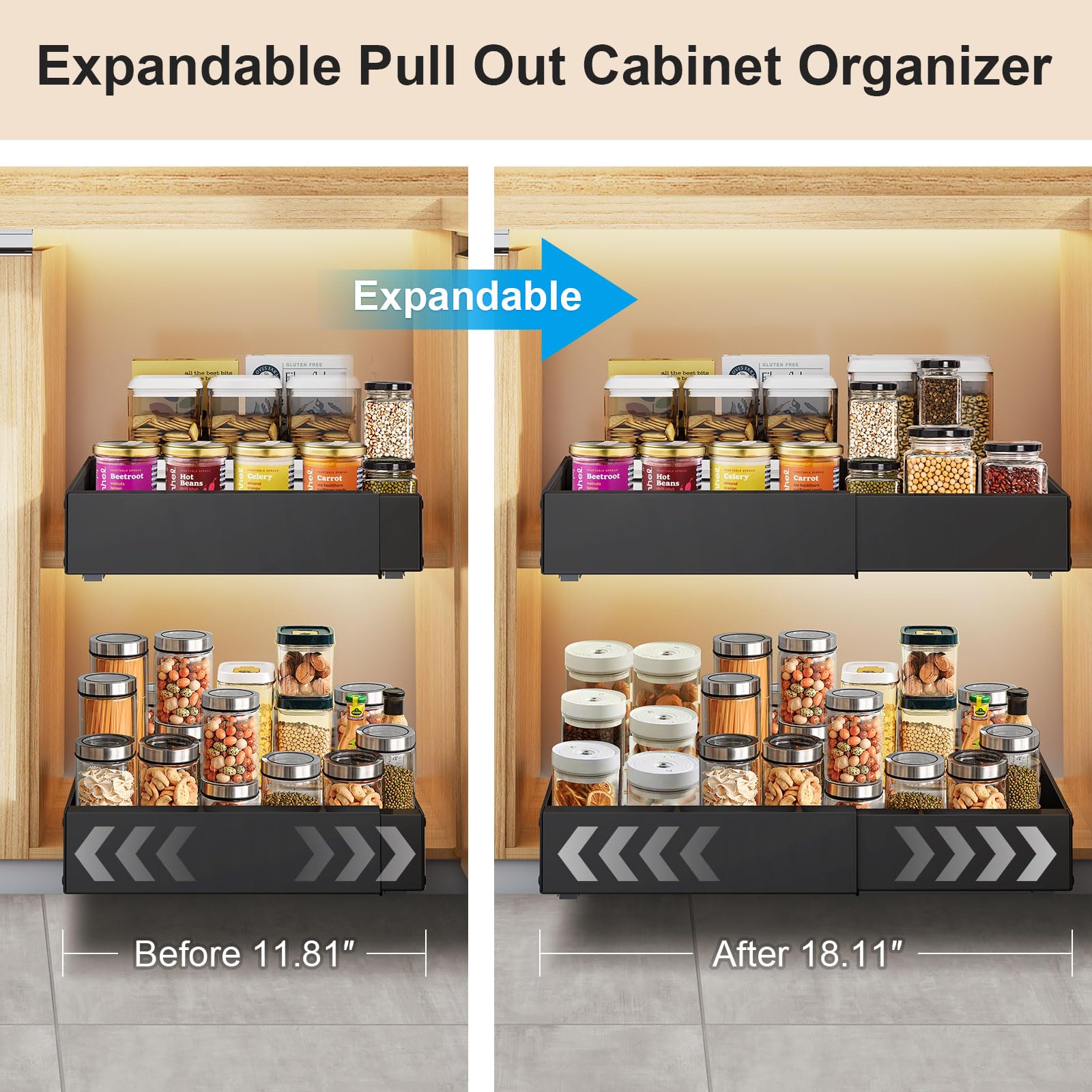 Organizer espandibile per armadietti, confezione da 2 cassetti scorrevoli adesivi per mobili da cucina, dispensa, bagno, cassetti scorrevoli, resistenti, per cucina, confezione da 1