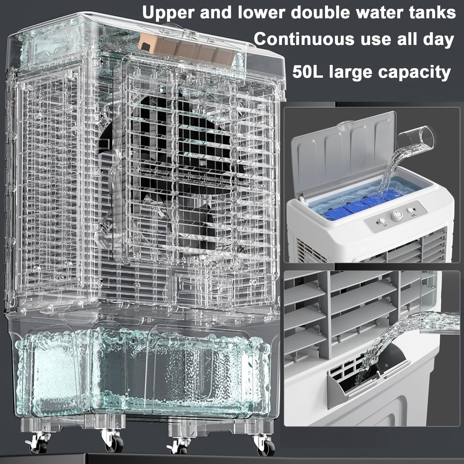 Enfriador Evaporativo, Depósito De Agua De 50 litros, 3 Velocidades, Ventilador con Control Remoto. 55L