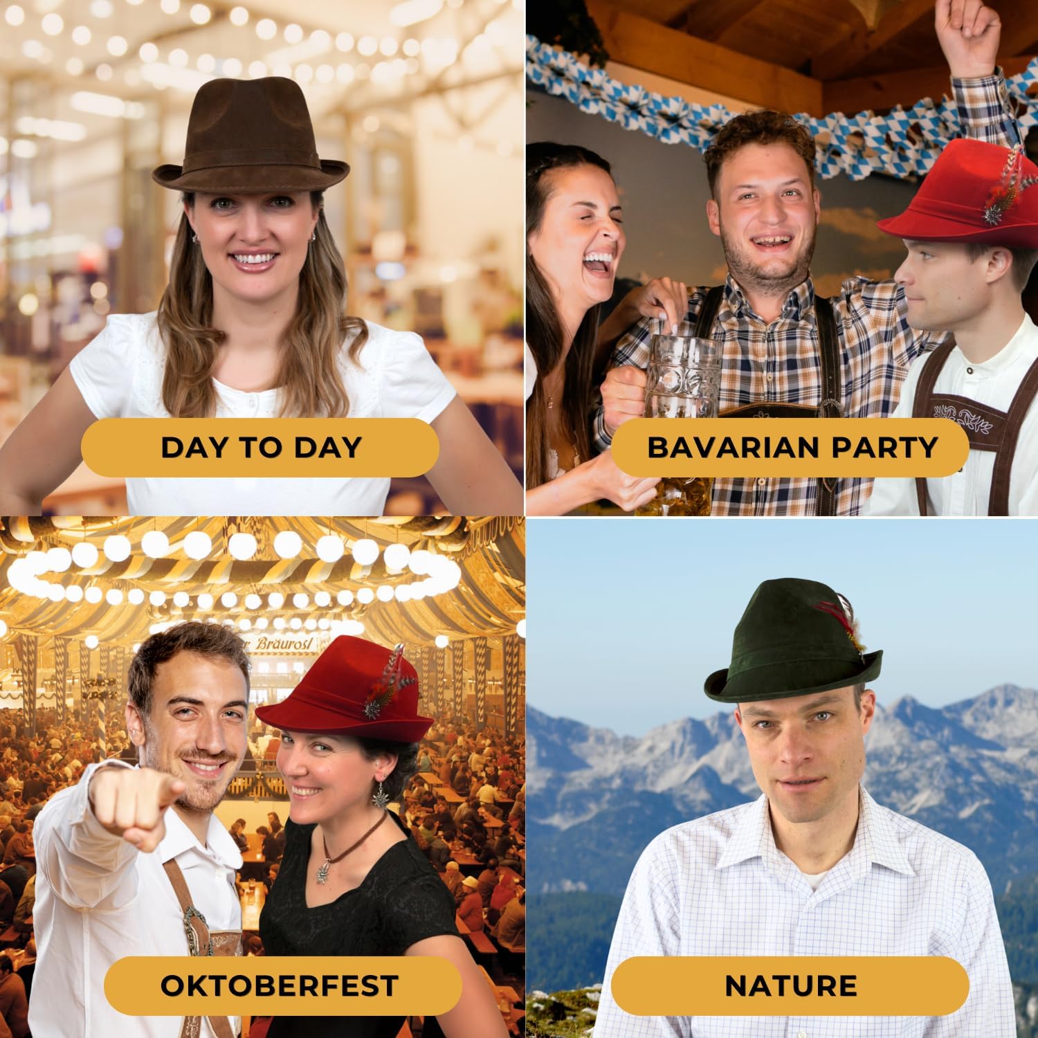 German Hat | Hunter Hat Faux Leather Fedora with Metal Edelweiss Pin & Feather - Oktoberfest Hats for Men & Women, 100% Polyester | Brown - Image 5