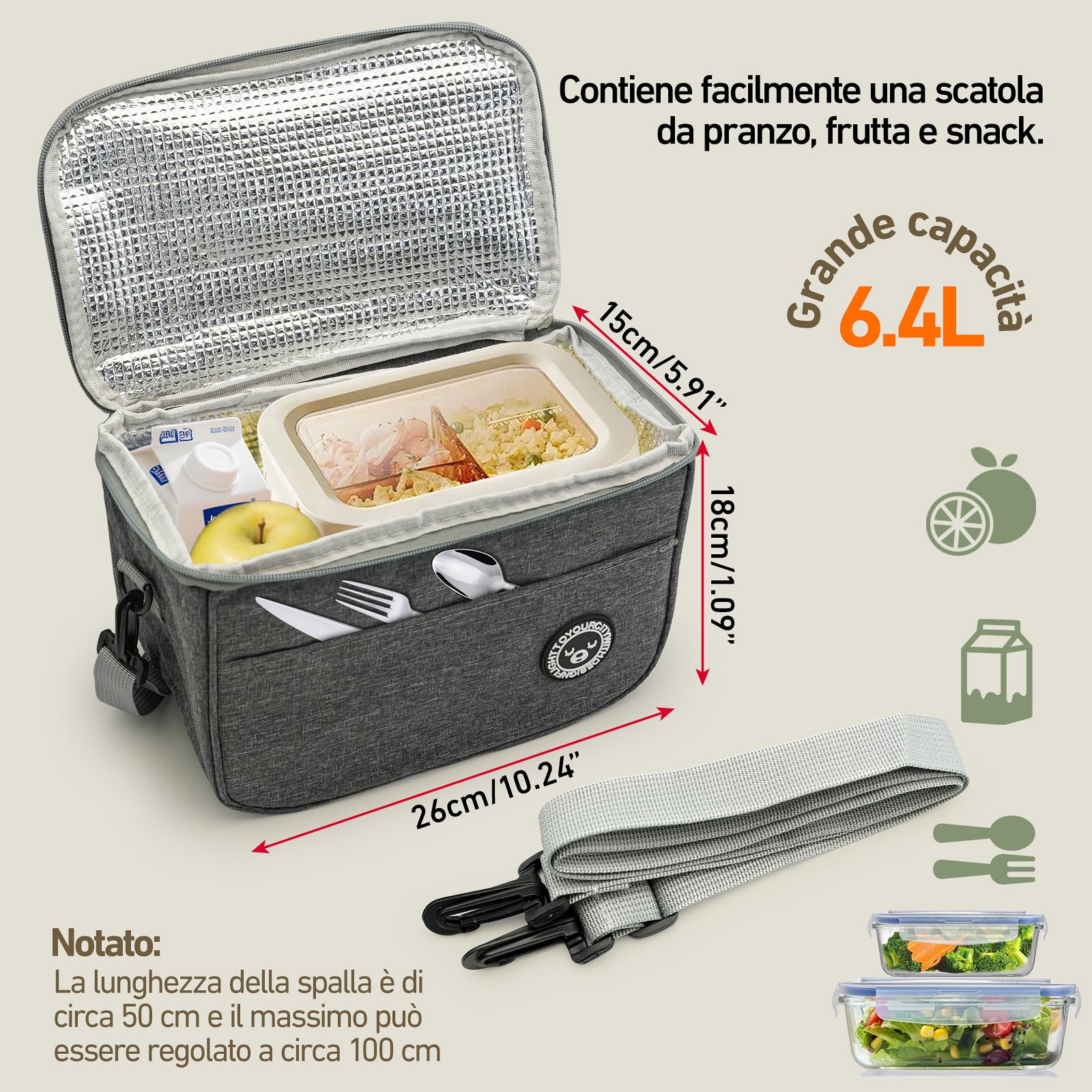 Torba Termiczna na Lunch 6.4 L, Borsa Frigo Pranzo z Paskami, Izolowana Torba na Jedzenie do Pracy, Szkoły, Pikniku