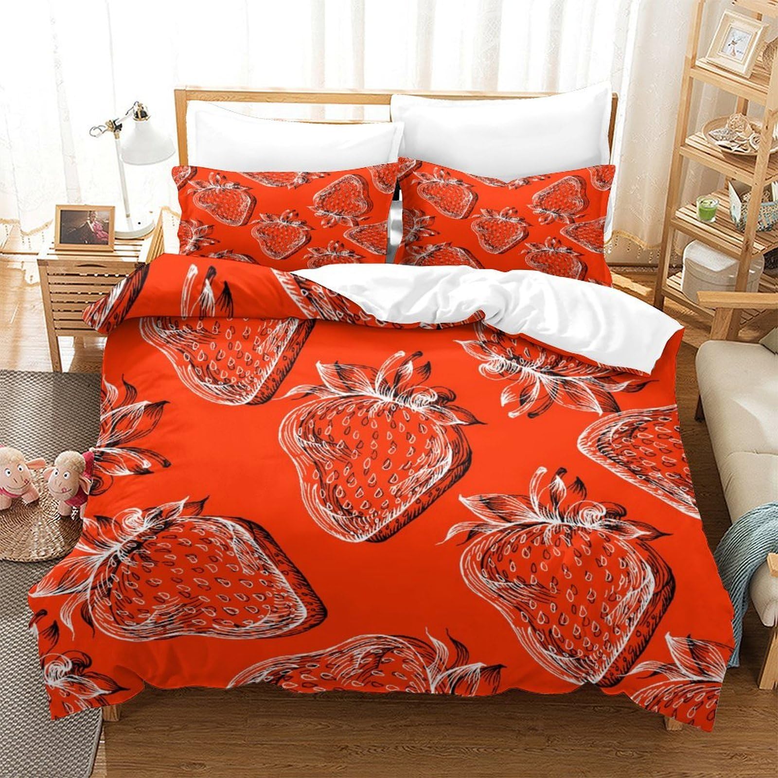Housse de couette fraise 3D en microfibre 135x200 cm pour lit simple