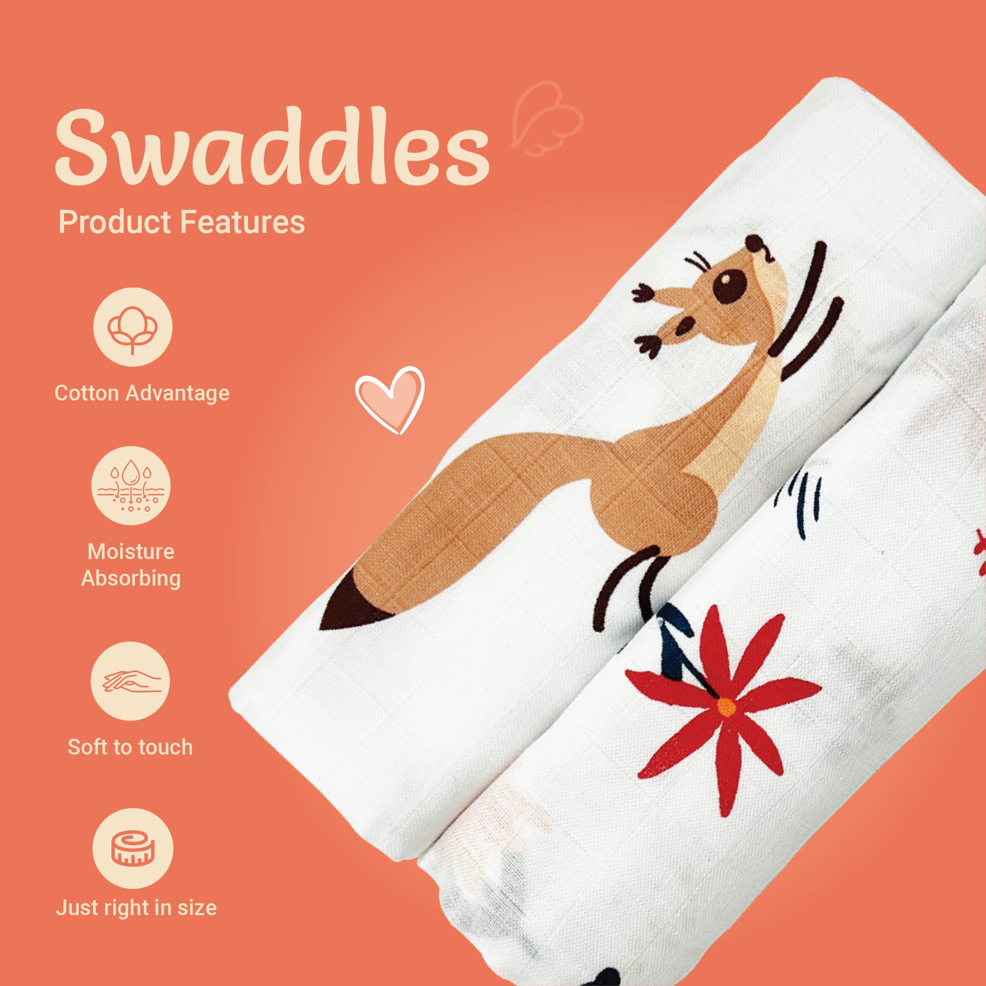 Kridlo 100% Cotton Printed Swaddle Wrap for Newborn Baby | Soft & Breathable Muslin Blanket, 90 x 90cm, Skin-Friendly | Ideal for 0-2 Years | Pack of 2 (Brown Naughty Squirrel & Orange Daisy Designs) 3