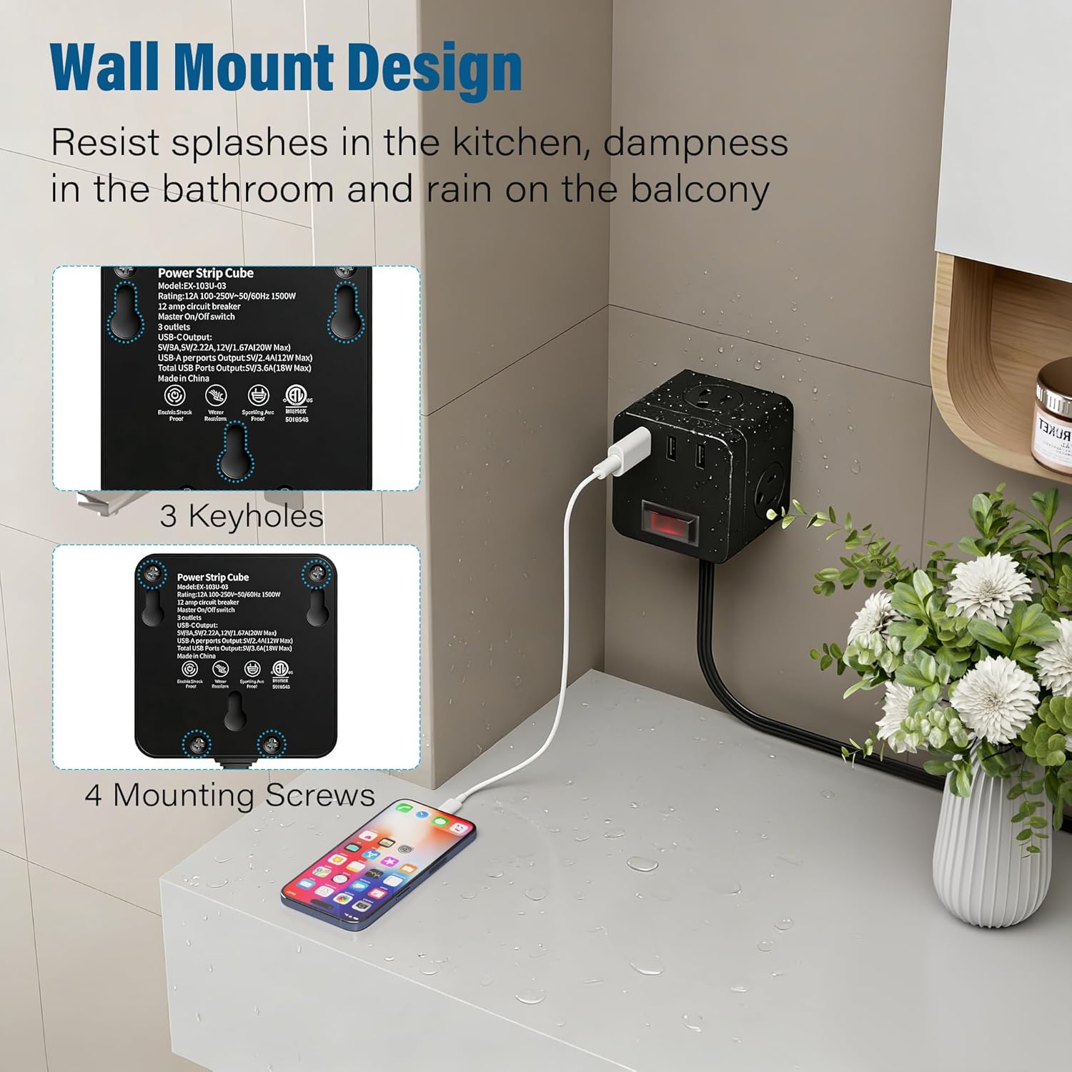 IPX4 Waterproof Cube Power Strip with USB, Flat Plug Ultra Thin Extension Cord 4 FT, 3 AC Outlets 3 USB-A Ports,1500W Wall Mountable Outlet Extender for Indoor Outdoor Cruise Camping Christmas, ETL