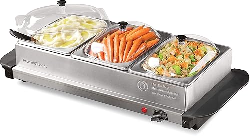 HomeCraft HCBS15SS - Bandeja de cocción lenta y calentadora de acero inoxidable de 3 estaciones de 1.5 cuartos de galón, temperatura ajustable,
