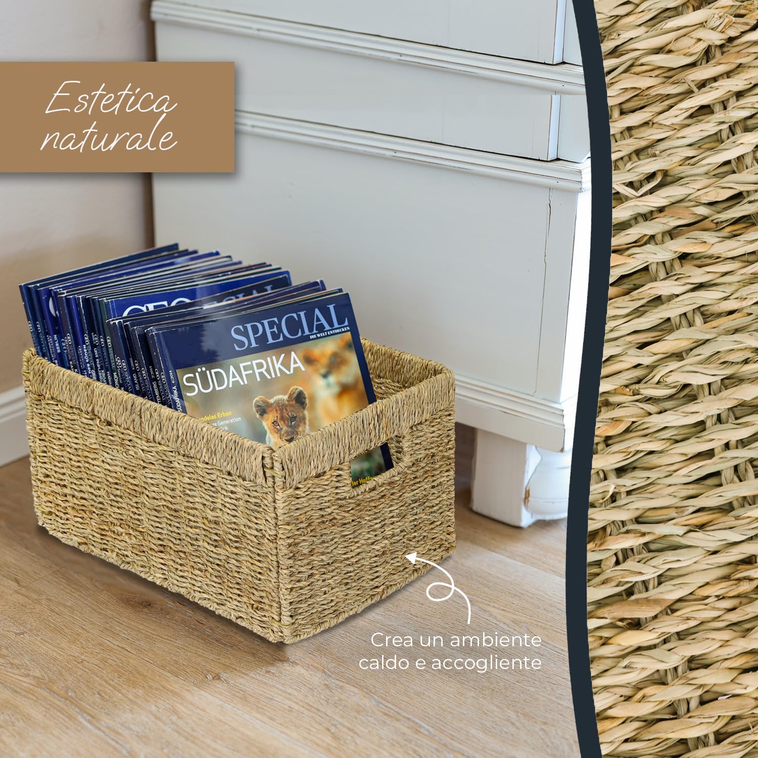 HMF Cesto portaoggetti compatibile con libreria Billy, Cesto intrecciato in alghe marine con tre manici | Set da 4 | 35 x 25 x 20 cm | Naturale