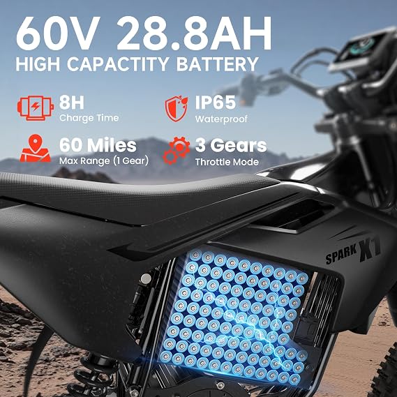 QRONGE X1 Spark Electric Dirt Bike, 4500W Peak&Up to 60 Miles, 50MPH, 60V 28.8Ah Battery E-Bike, 14/12 Fat Tire Electric Motorcycle for Mountain Off-Road Teens Adults
