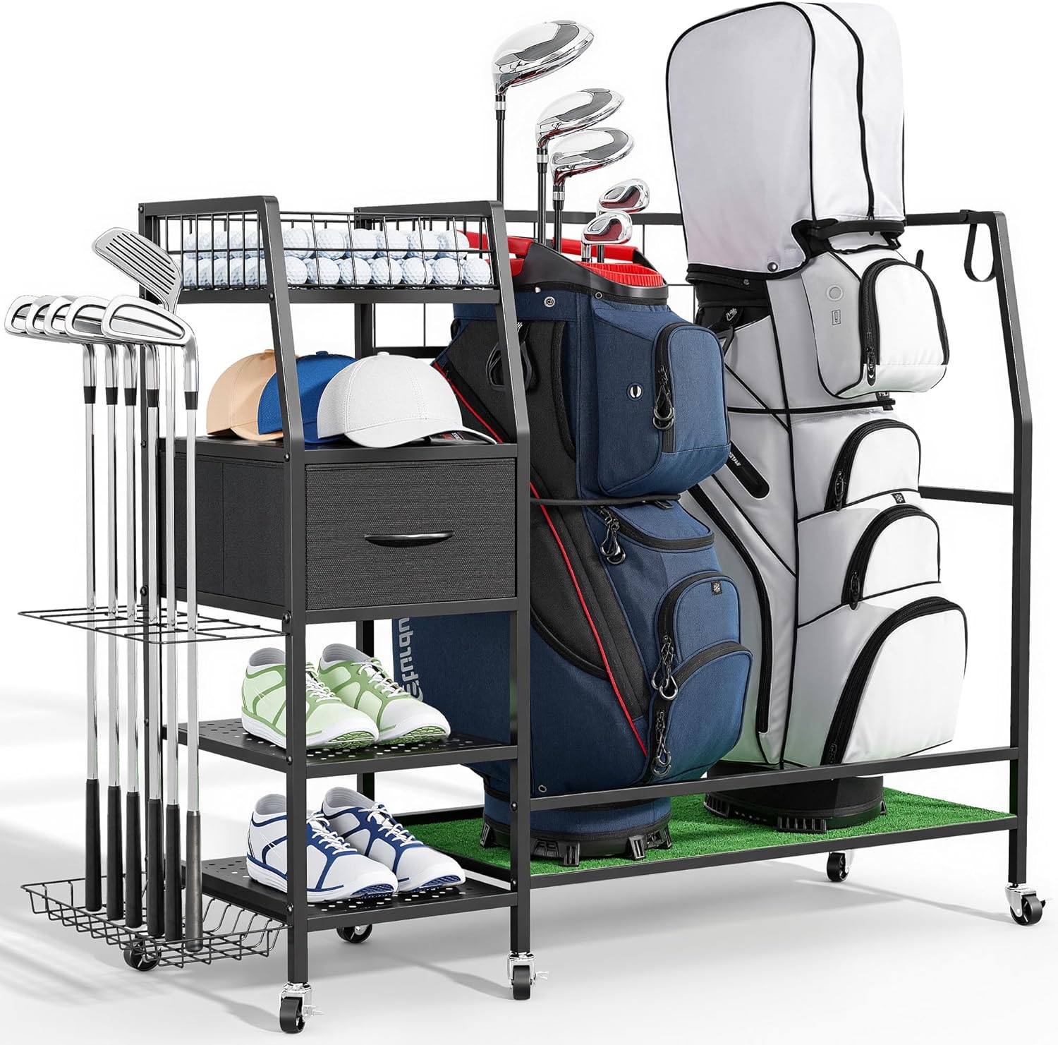 Golf Bag Organizer Storage Rack, Rolling Golf Storage Organizer for Garage, Golf Equipment Holder with Wheels, Turf Mat, Carbon Steel