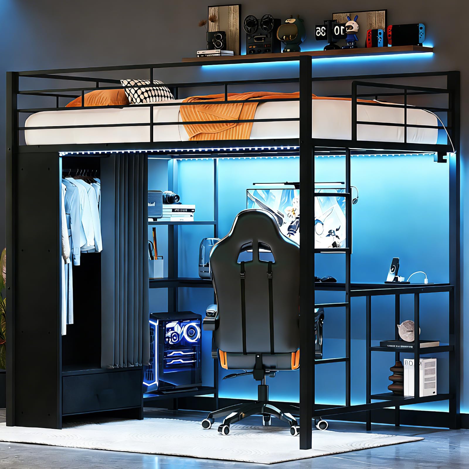 VINGLI Twin Gaming Loft Bed with Desk and Wardrobe