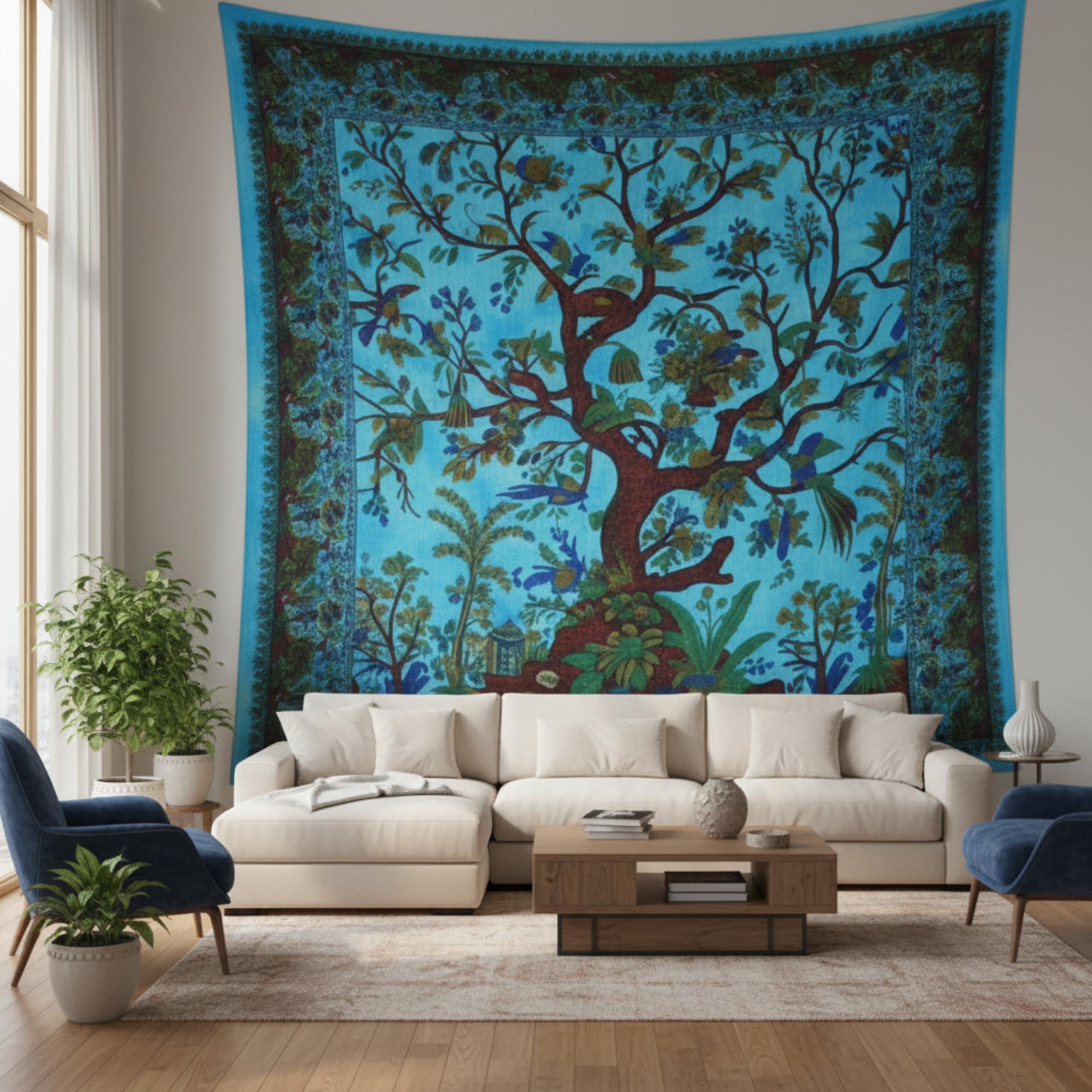 Craft Trade Tree of Life Tapestry Blue Wall Hanging Tapestry Boho Cotton Hippie Tapestries for Decor Living Room Yoga Meditation and Bedroom - 137x213 cm โ image 1