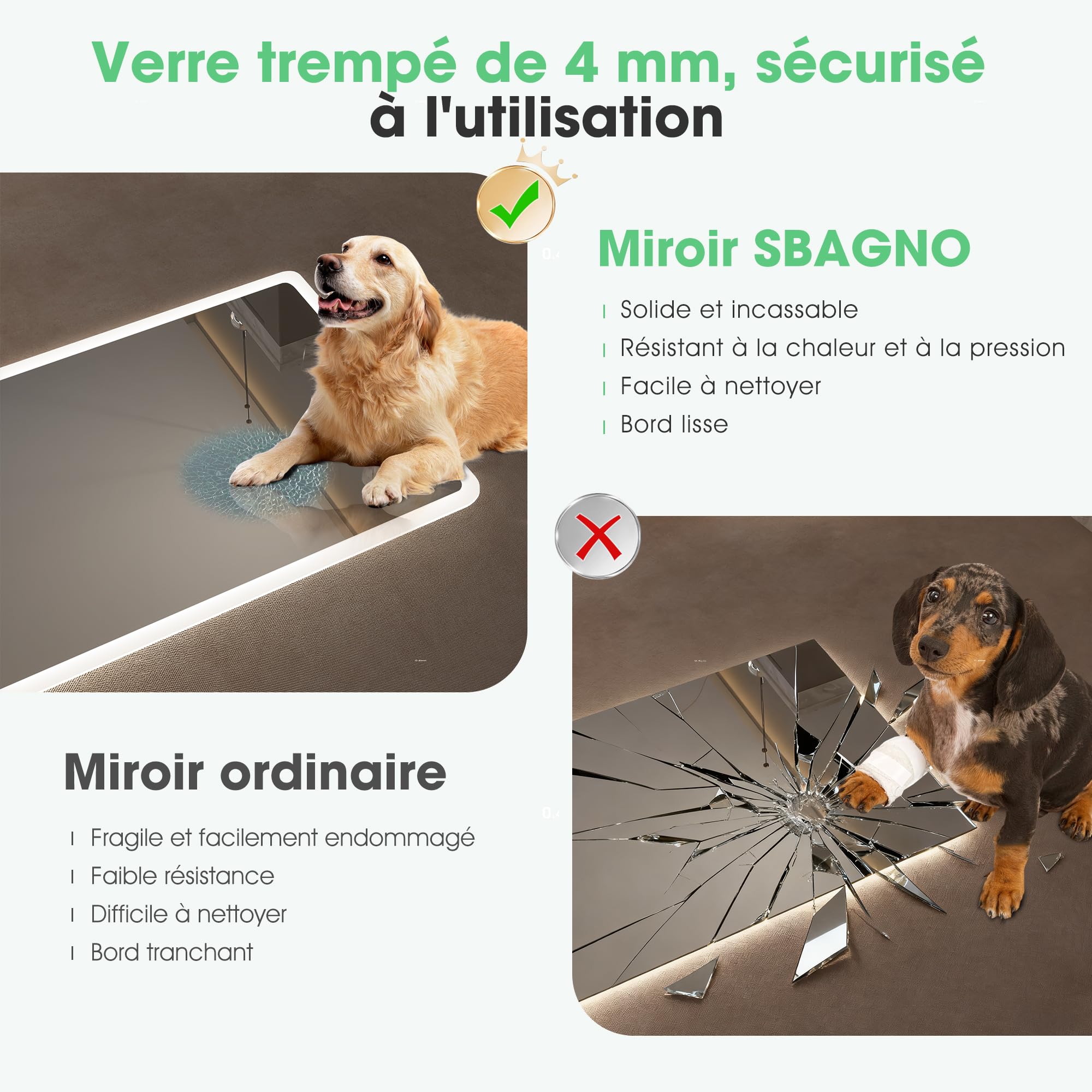 S'bagno Miroir-Salle-de-Bain-avec-Eclairage 120x70cm, Miroir-LED-Lumineux-avec-Bluetooth, Anti-buée, 3 Couleurs, Dimmable, Mémoire, Verre Trempé HD, Étanche IP44, Horizontal/Vertical