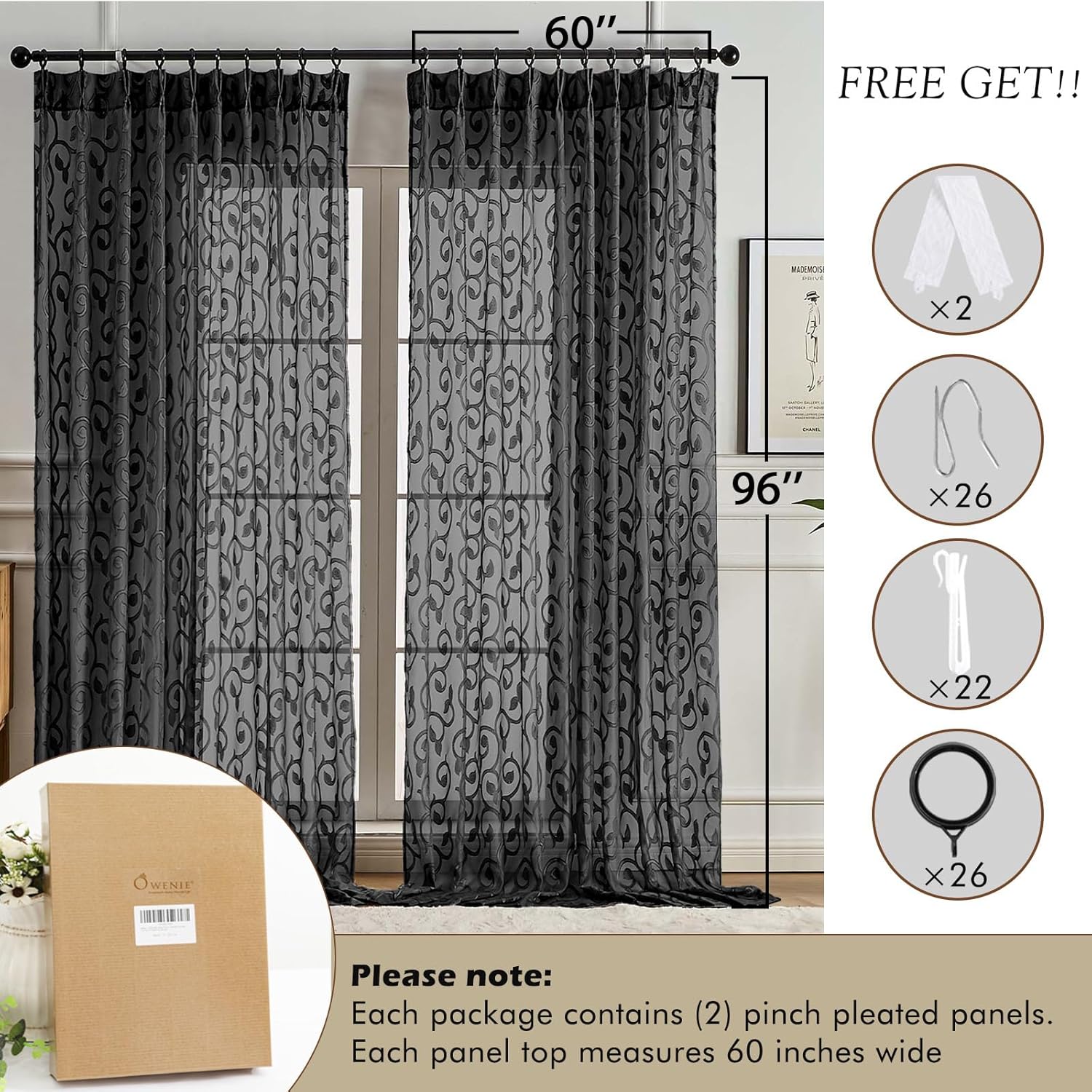 OWENIE Furman Black Pinch Pleated Sheer Curtains 96 Inches Long for Bedroom Living Room, Modern Jacquard Light Filtering Window Curtains, Soft Semi Sheer Window Treatments, Black, Each 60x96 Inch