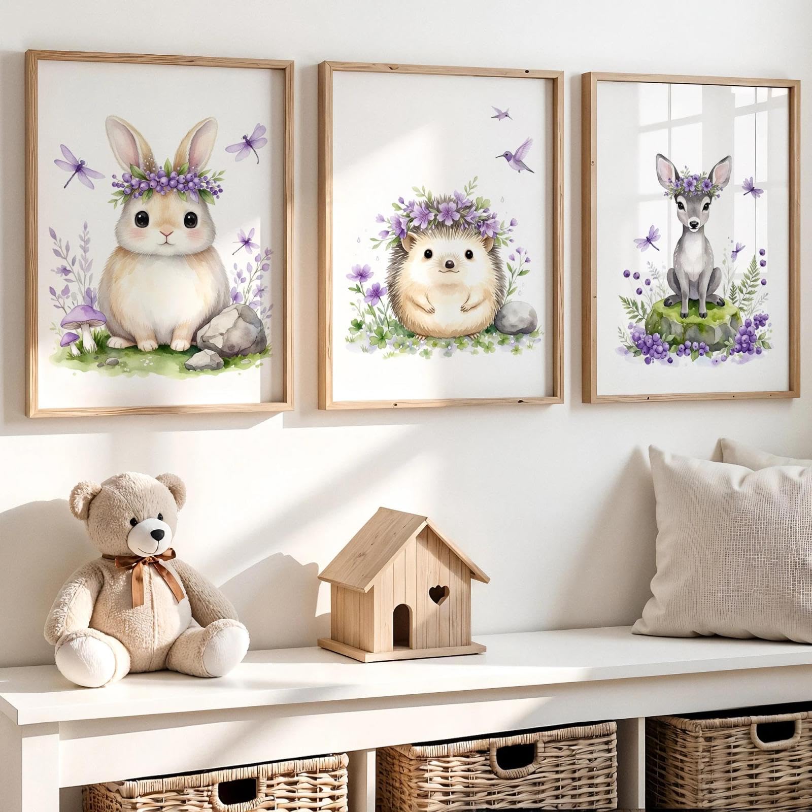 Baibexing Cartoon Bunnies, Hedgehogs & Deer Wearing Violets Wall Art Poster Print Canvas Painting Picture For Kids Room Home Decor 21X30Cmx3Pcs Unframed