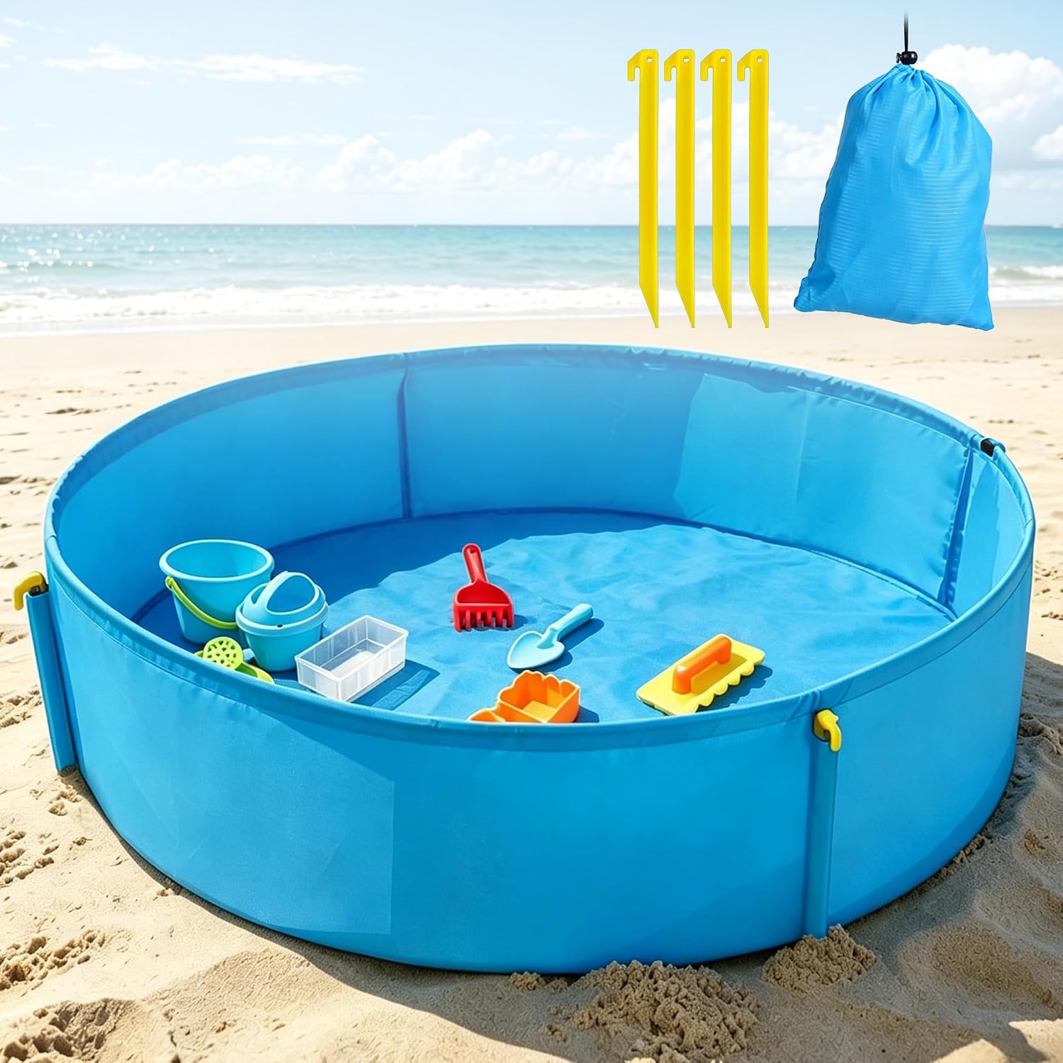 Sandproof Beach Puddle Outdoor Beach Blanket with Side Walls and Stakes to Keep Sand Out Portable Beach Playpen for Family Seaside Parks Travel Picnic Vacation (Blue, 39.4 inches)