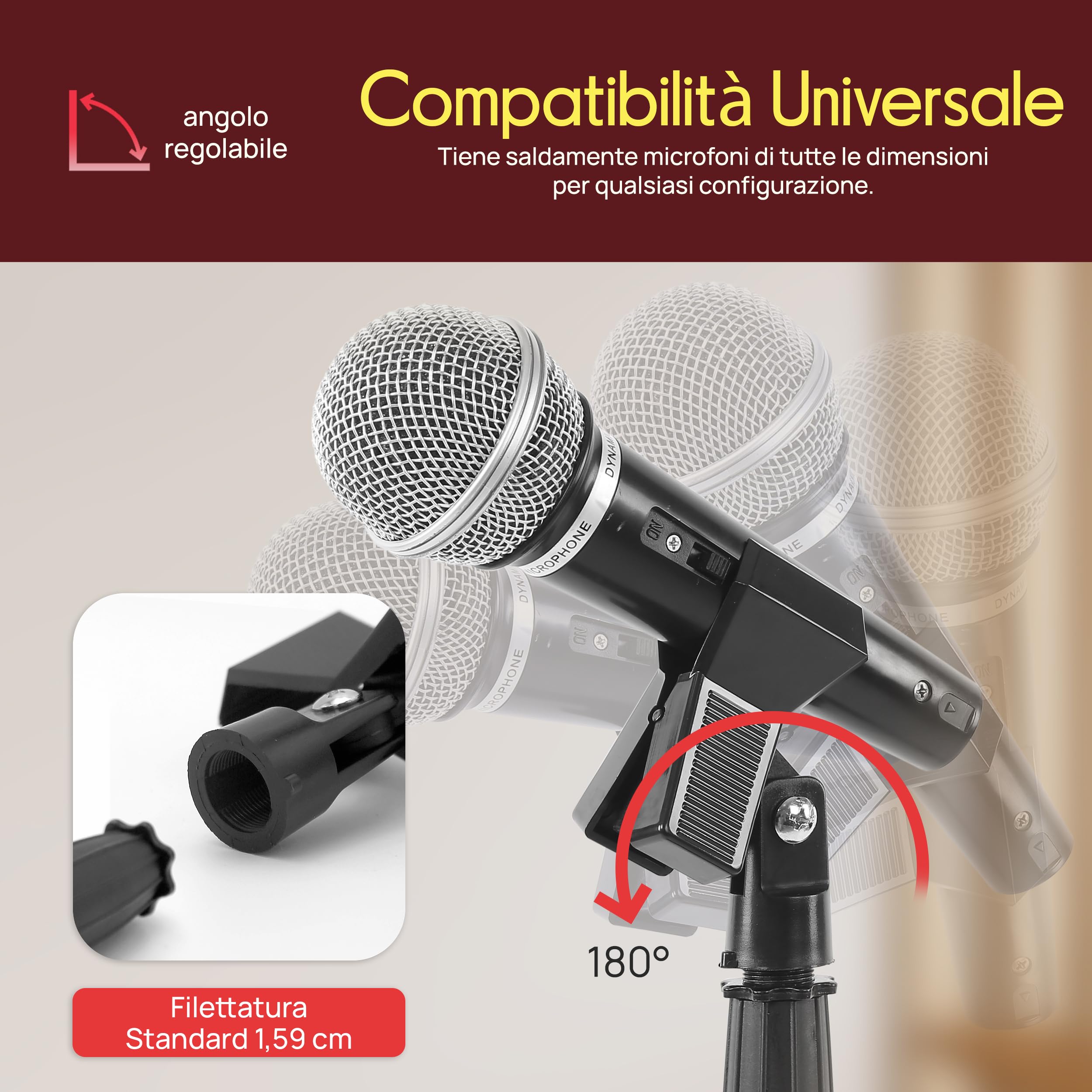 Pyle Asta Microfono, Supporto Microfono Treppiede Regolabile 133–201 cm, Base Antiscivolo, Clip Microfono e Adattatore 15,88 mm Inclusi