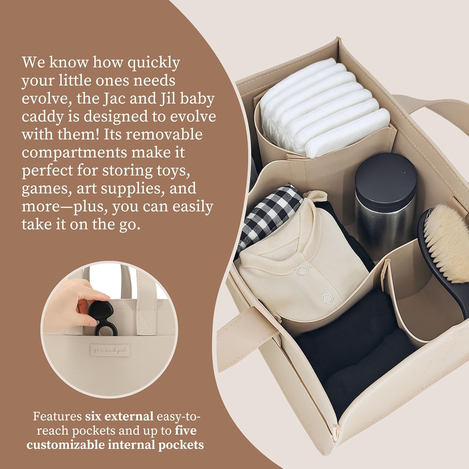 Premium Vegan Leather Baby Diaper Caddy Organizer – Portable Storage Basket for Newborn Essentials, Changing Table, Nursery, Car & Travel, Gifts for Baby Shower (Teddy Beige)