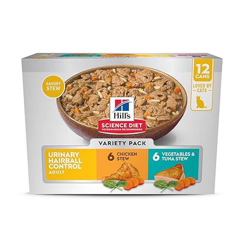 Hill's Science Diet Adult 1-6 Urinary Hairball Control Wet Cat Food, Variety Pack: Chicken, Tuna & Vegetables Stew, 2.9 oz. Cans, 12-Pack - Variety Pack: Chicken, Tuna & Vegetables Stew - 2.9 Ounce (Pack of 12)