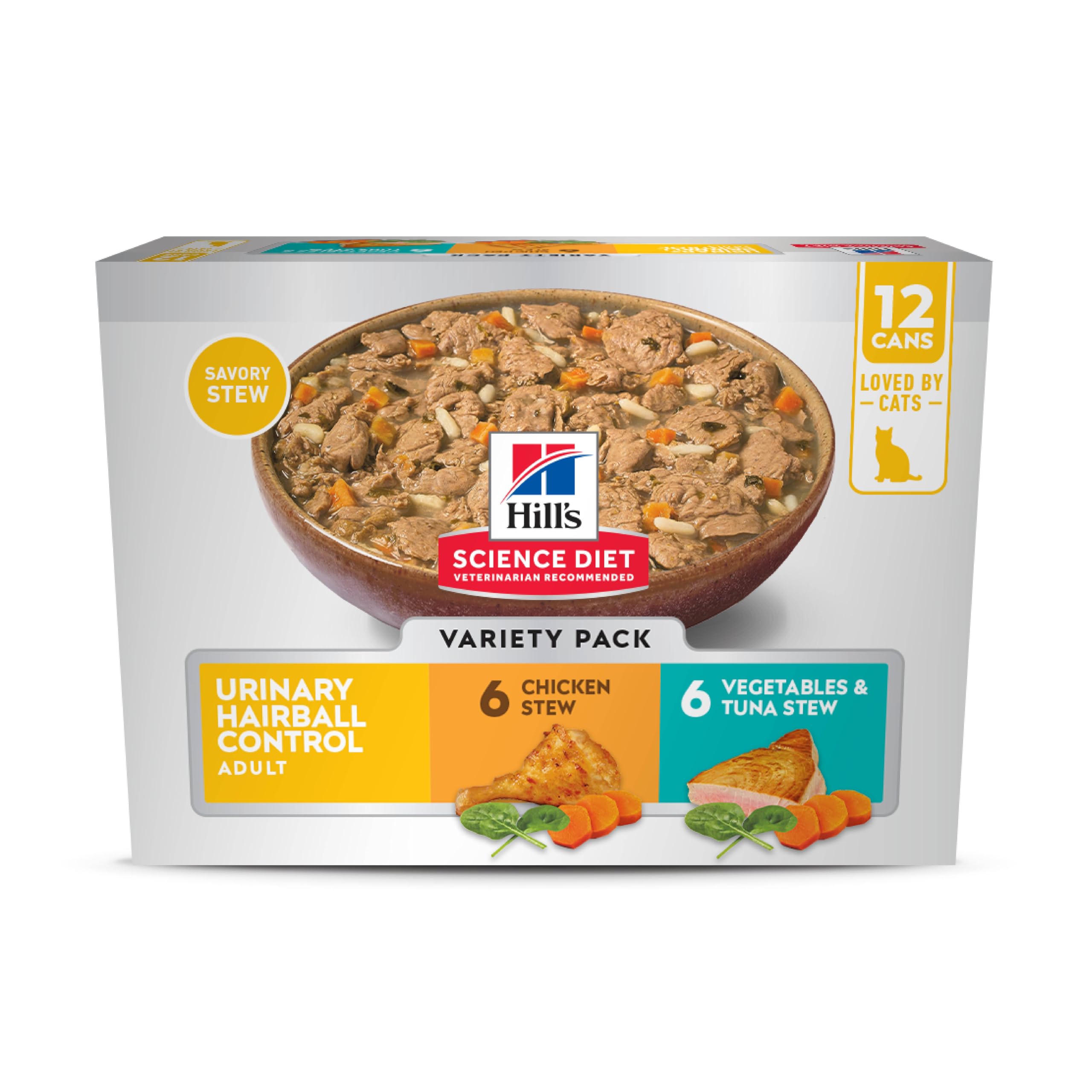 Hill's Science Diet Adult 1-6 Urinary Hairball Control Wet Cat Food, Variety Pack: Chicken, Tuna & Vegetables Stew, 2.9 oz. Cans, 12-Pack