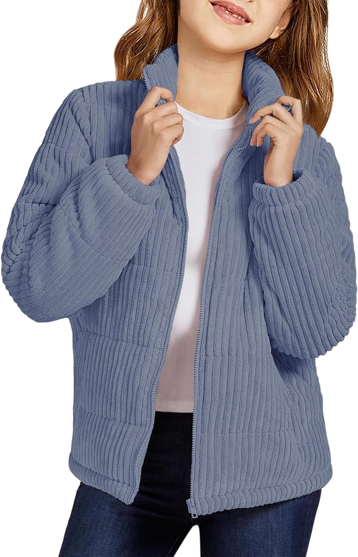 Girls Long Sleeve Winter Jacket Coats Zip Up Stand Collar Corduroy Quilted Outerwear Jackets with Pocket
