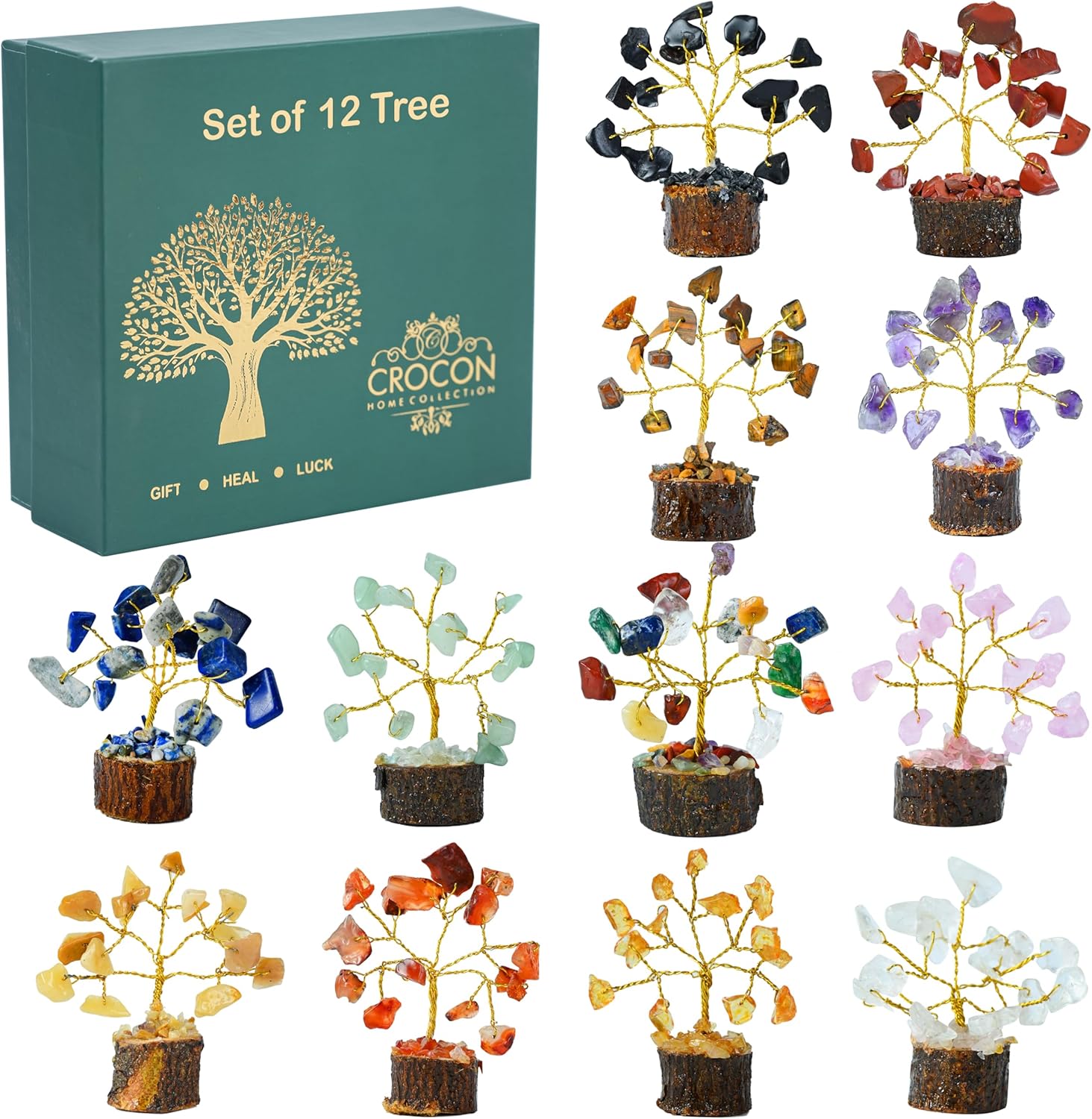 Crocon Crystal Tree Birthday Gifts for Women Set of 12 Mini Tree of Life Chakra Healing Crystals & Stones for Positive Energy Good Luck Home and Office Decor Birthday Gifts for Mom & Dad Housewarming
