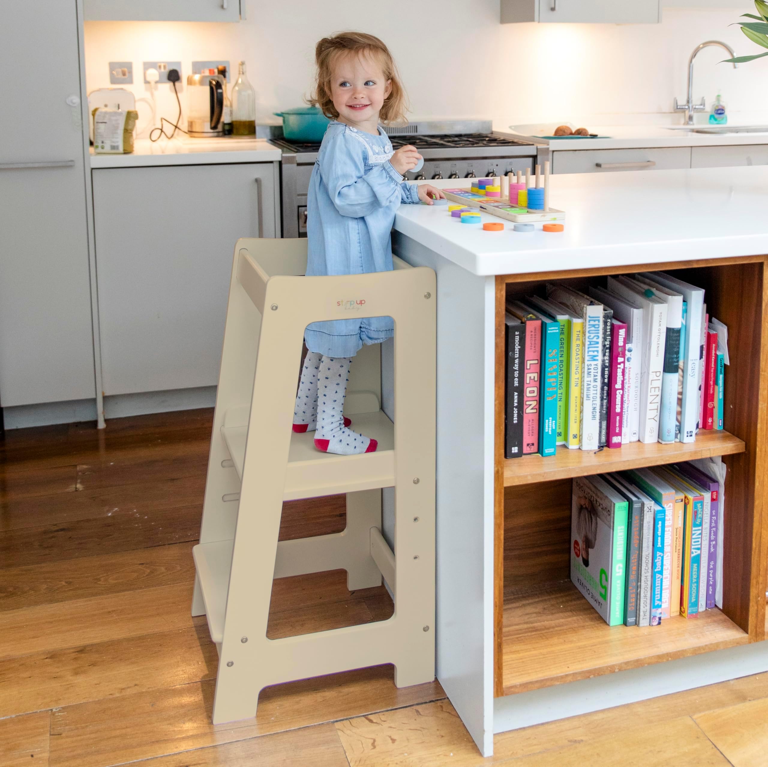 Montessori Learning Tower Kitchen Helper Stand, Adjustable Toddler Steps with Safety Rail, Solid Wood, Natural Finish