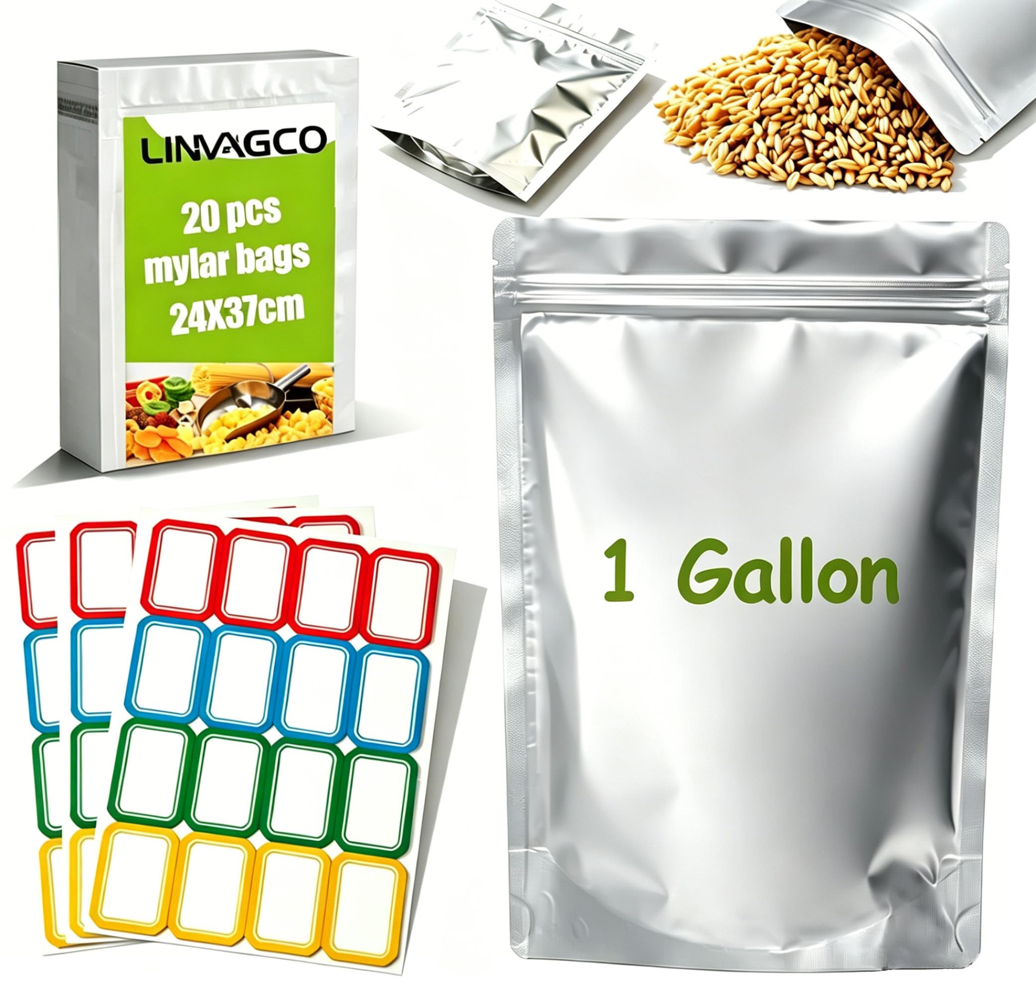 LINMAGCO 20 pcs Mylar Bags 1Gallon-Extra Thick 10Mil-9.44X14.7In Airtight Smell Proof Resealable Ziplocker Foil Pouch Bags for Food Storage, Jewelry, Electronics, Heat Sealable Available with Lables