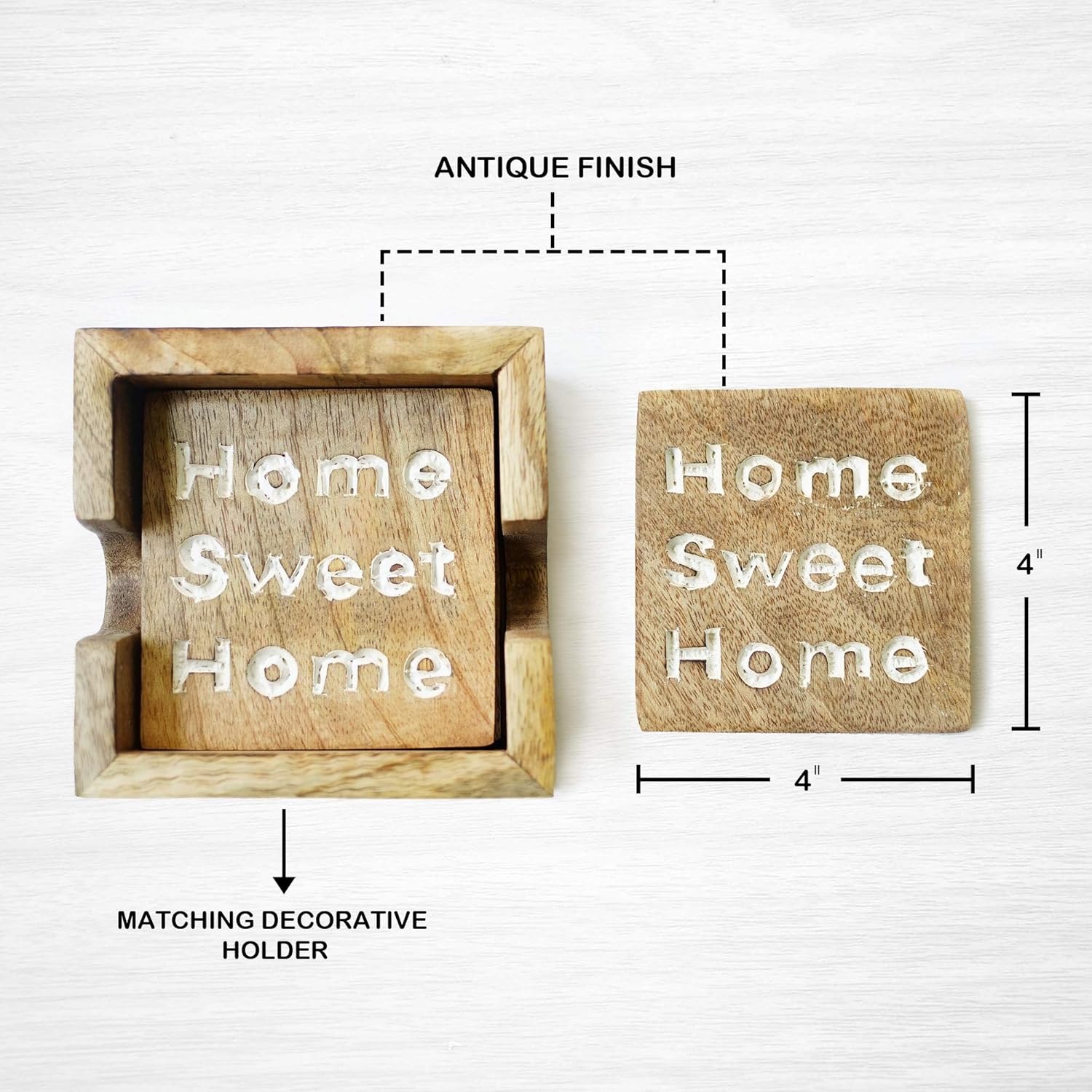 Super Cheap 🛒 Sun Vida - Coasters for Drinks - Farmhouse Rustic Wood Coaster Set - Home Sweet Home Coasters with Holder - Absorbent Hand Carved Antique Finish - 4x4 inch