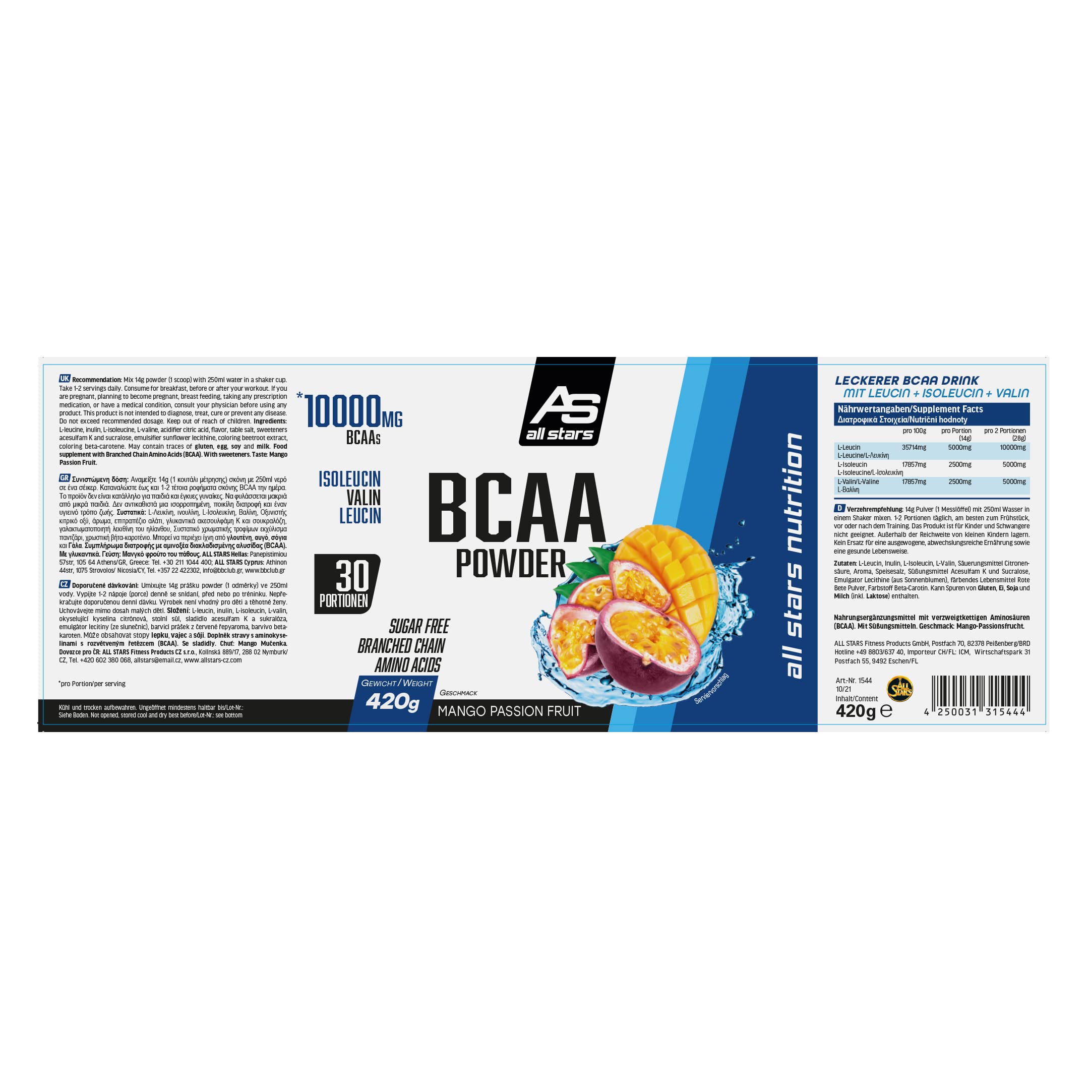 ALL STARS BCAA Powder 420g Passion Fruit - BCAA Pulver vegan und zuckerfrei, Enthält 5000mg Leucin, 2500mg Valin und 2500mg Isoleucin, Aminosäuren Komplex hochdosiert (Packung mit 2)