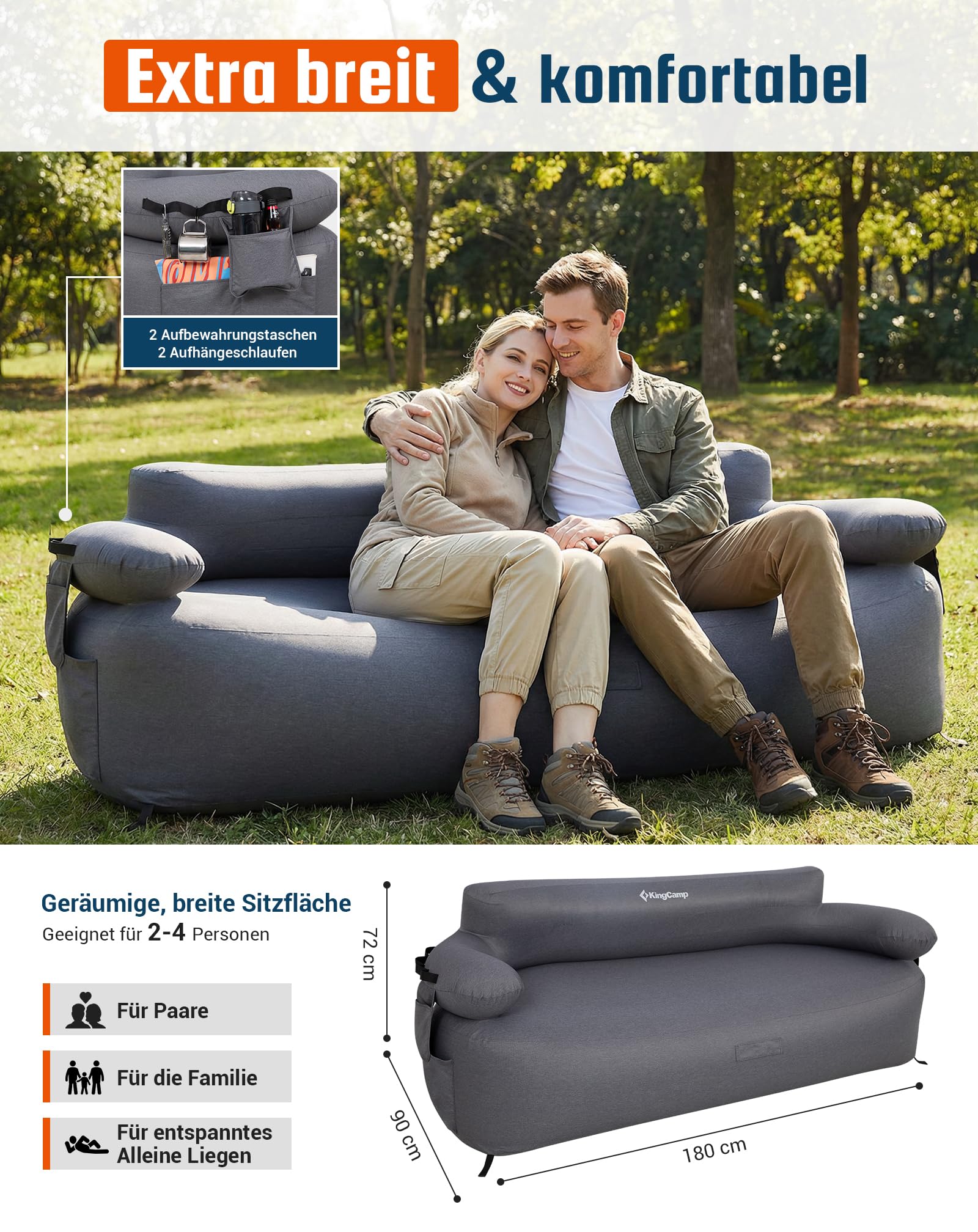 KingCamp Aufblasbares Sofa Camping mit Elektropumpe, 400 kg Belastbar Luftsofa Outdoor, Tragbarer Doppel Camping Couch Aufblasbar, Wasserdichtes Luft Sofa für 2 Personen, Reisen Strand Garten, Grau