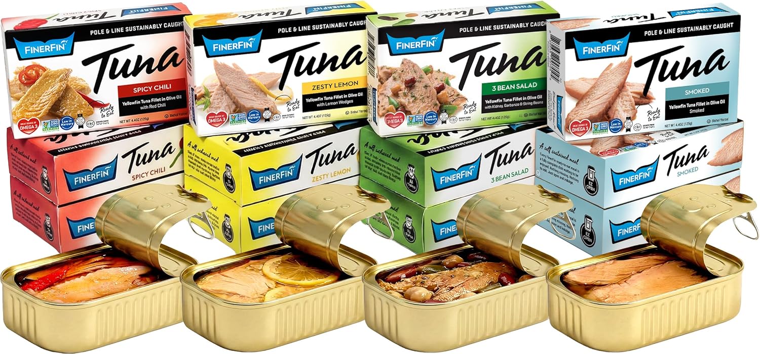 FinerFin Yellowfin Tuna Fillets in Organic Olive Oil | Taster's Variety Pack | Premium Canned Tuna Fish with EVOO | Gourmet Ready-to-Eat Pole & Line Caught Fillets | 4.4oz can - 12 Pack