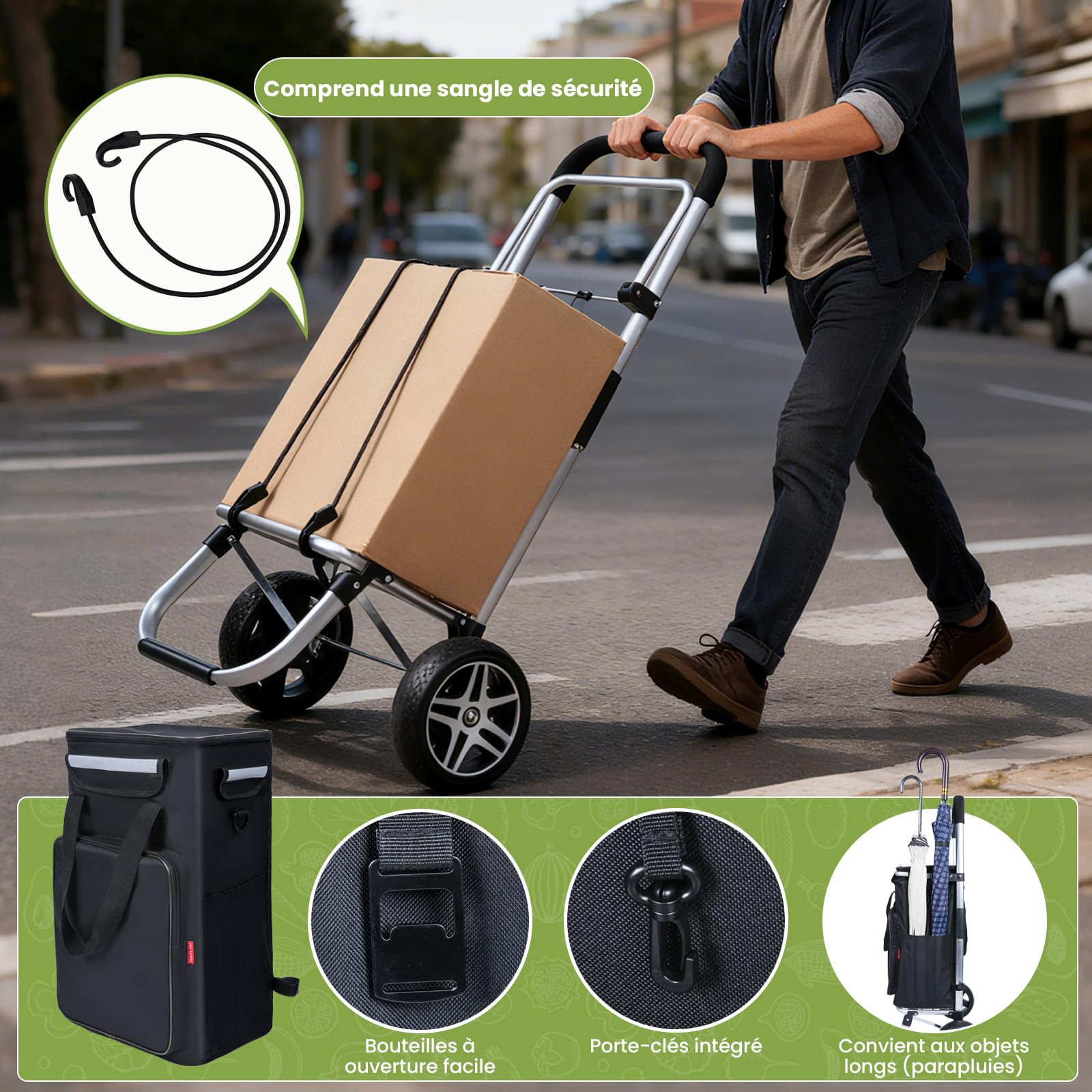 YEAUPE PRO Chariot de Courses, Capacité 50 L - Cadre en Aluminium, 2 Roues, Chariot 3 en 1 avec Sac Isotherme - pour Supermarché, Picnic, Voyages - Noir