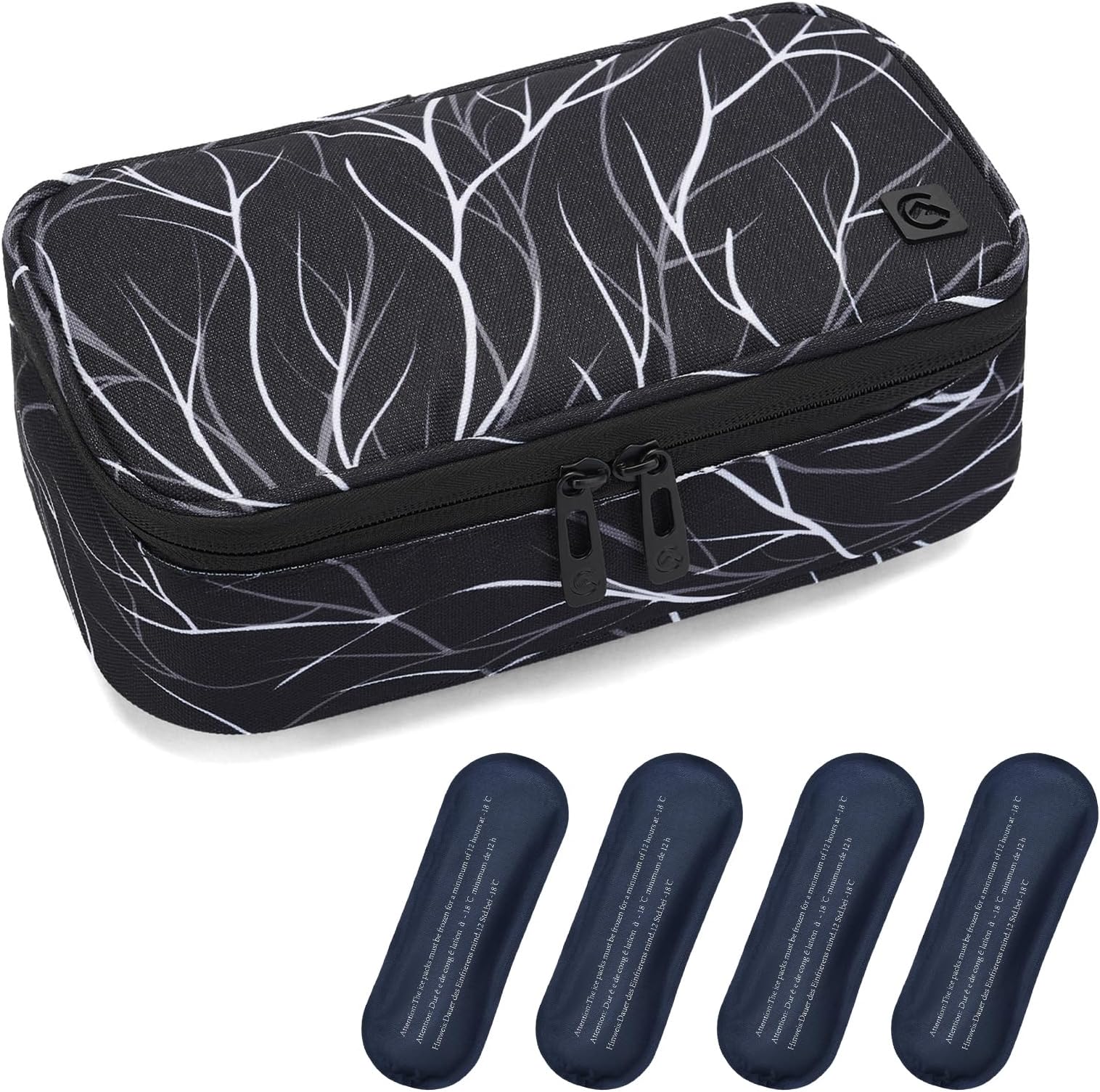 ALLCAMP Insulin Cooler Travel Case Diabetic Medication Cooler with 4 Ice Pack - Medical Cooler Bag Portable and Reusable Black White(9X 4.72x 3.14 inches)