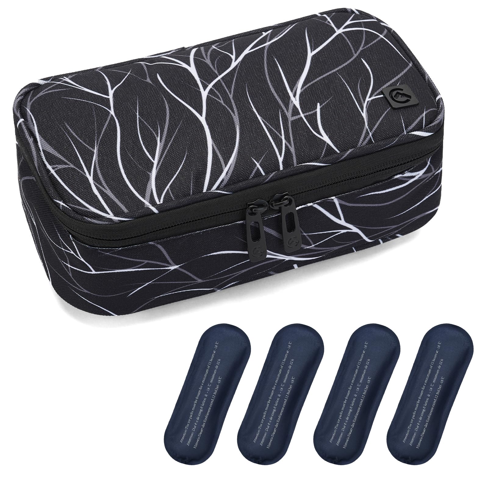 ALLCAMP OUTDOOR GEAR Insulin Cooler Travel Case Diabetic Medication Cooler with 4 Ice Pack - Medical Cooler Bag Portable and Reusable Black White(9X 4.72x 3.14 inches)