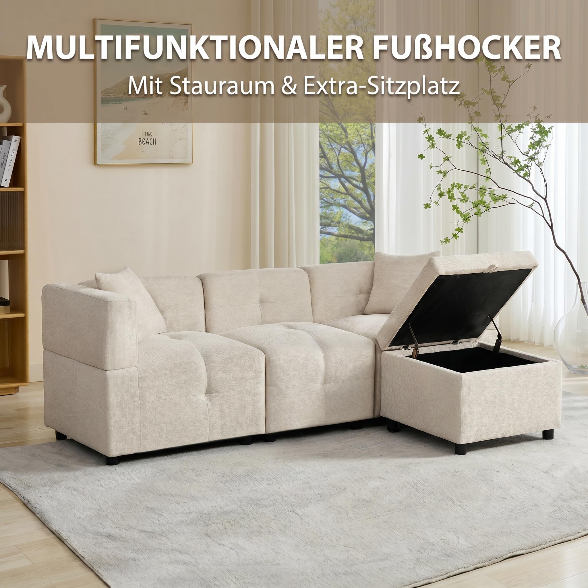 3 Sitzer Ecksofa, Chenille Stoff L-förmiges Sofa mit Stauraum Fußhocker und 2 Kissen, für Wohnzimmer, Büro, Beige