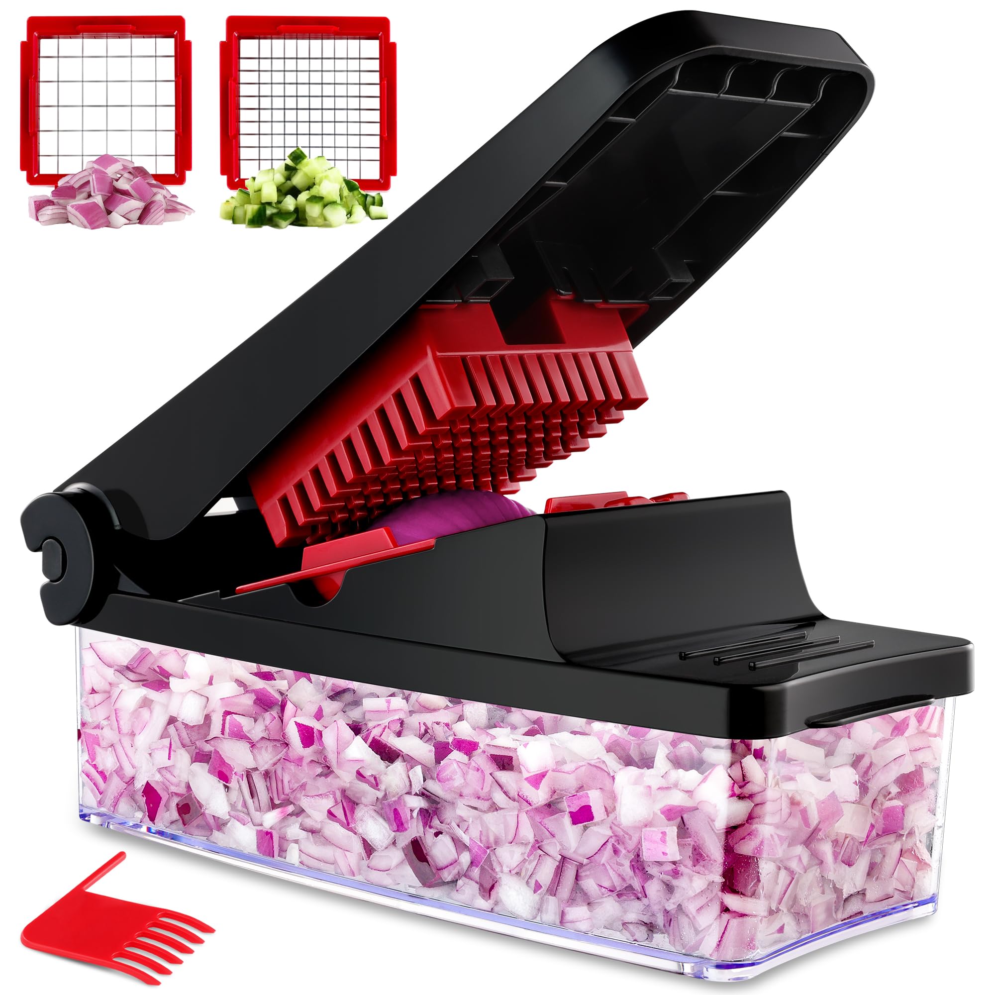 GDL Vegetable Chopper, Onion Chopper Pro Vegetable Cutter, Kitchen Food Chopper with Container Veggie Chopper Dicer, Salad Chopper for Onion, Carrot, Potato (2 in 1, Red)