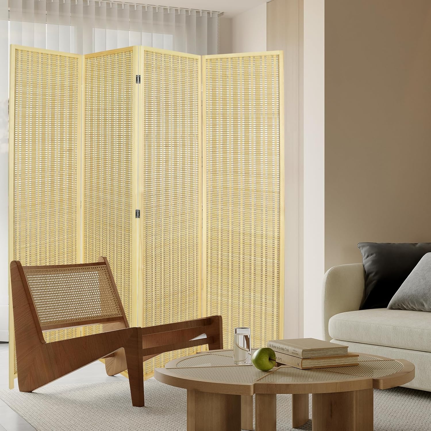 ECOMEX Bamboo Room Divider, Folding Privacy Screen, Room Divider Wall, Divider for Room Separation, 4 Panel Room Dividers with Shelves(Natural)