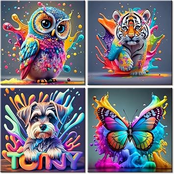 4 Pack Diamond Art Kits for Kids, Diamond Painting Animal, Crafts for Kids Girls and Boys 6 7 8 9 12, Diamond Crystal Art Mosaic kits Improve Children'S Hands on Ability for Home Wall Decor 6x6 Inch