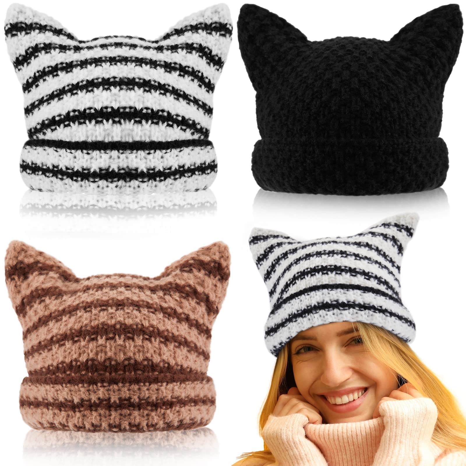 Winter Warm Cap, 3Pcs Women Knitted Cat Beanie Stripe, with Devil Horn Accessories Slouchy Hat Crochet Beanie with Ears, Cat Ear Knit Cap Crochet Braided Knit Caps Handmade Knit Lined Knitted Hat