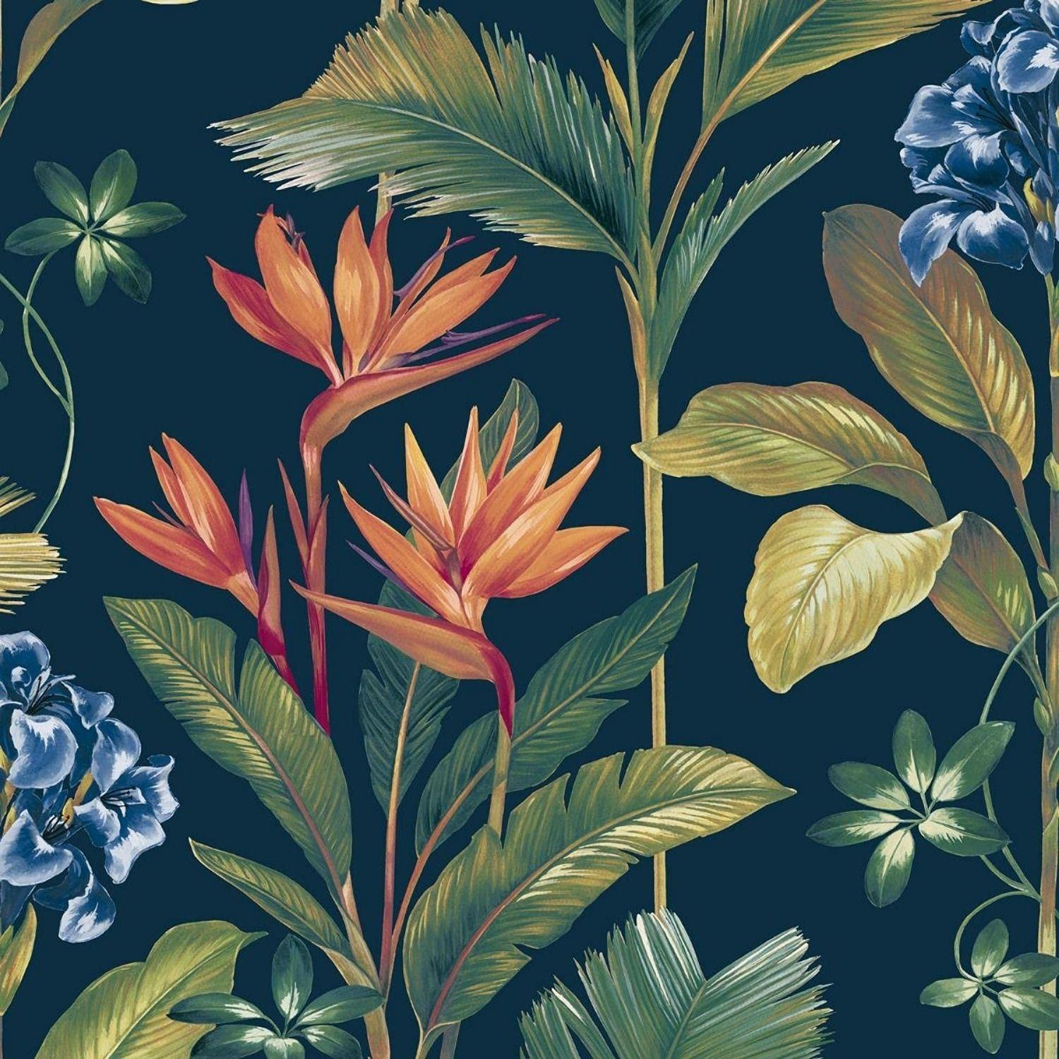 Yöl Navy Oliana Wallpaper Green Blue Floral Tropical